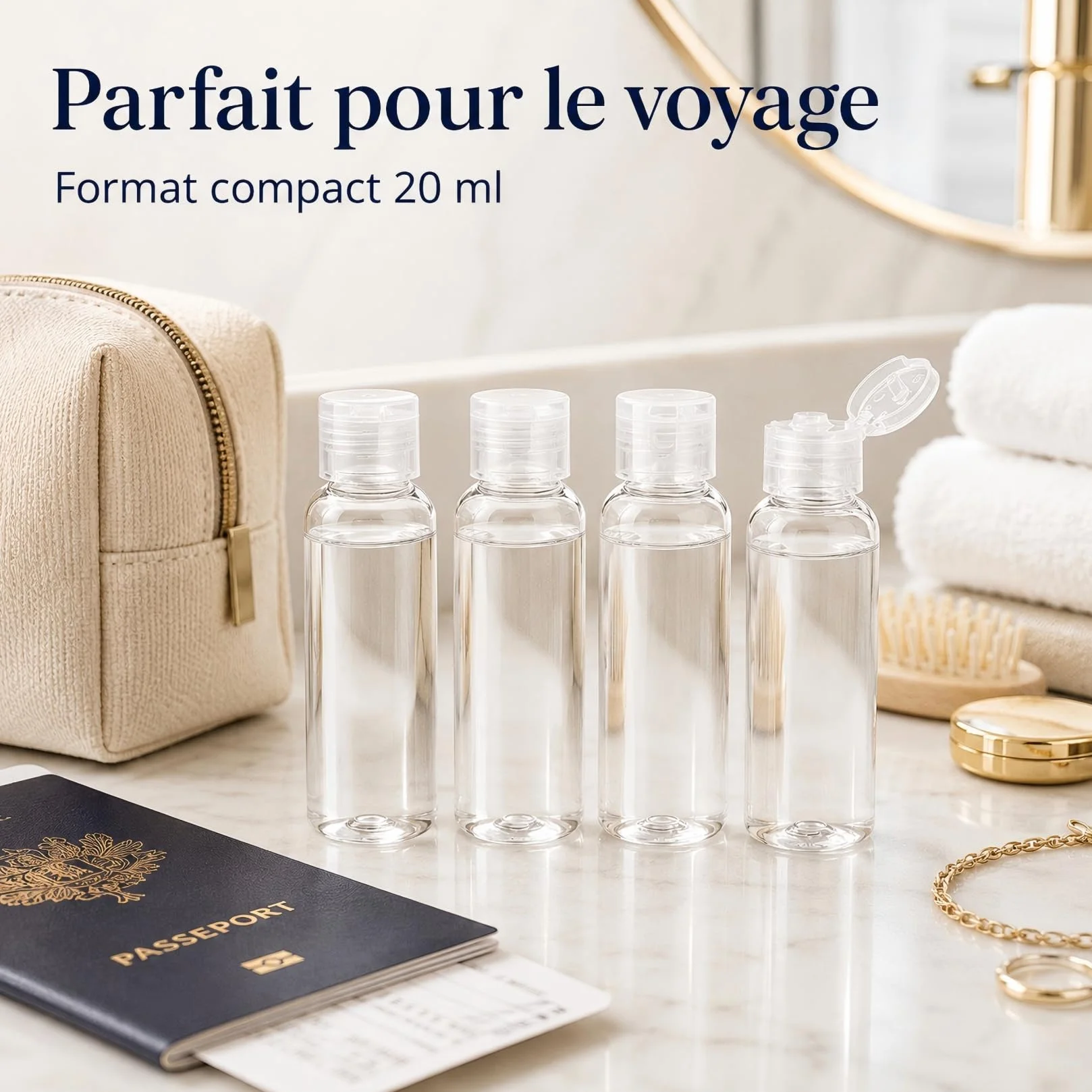 Kit de 4 Flacons de Voyage Vides Transparents 20 ml Plastique pour Cosmétiques Lotion Shampoing Gel Douche