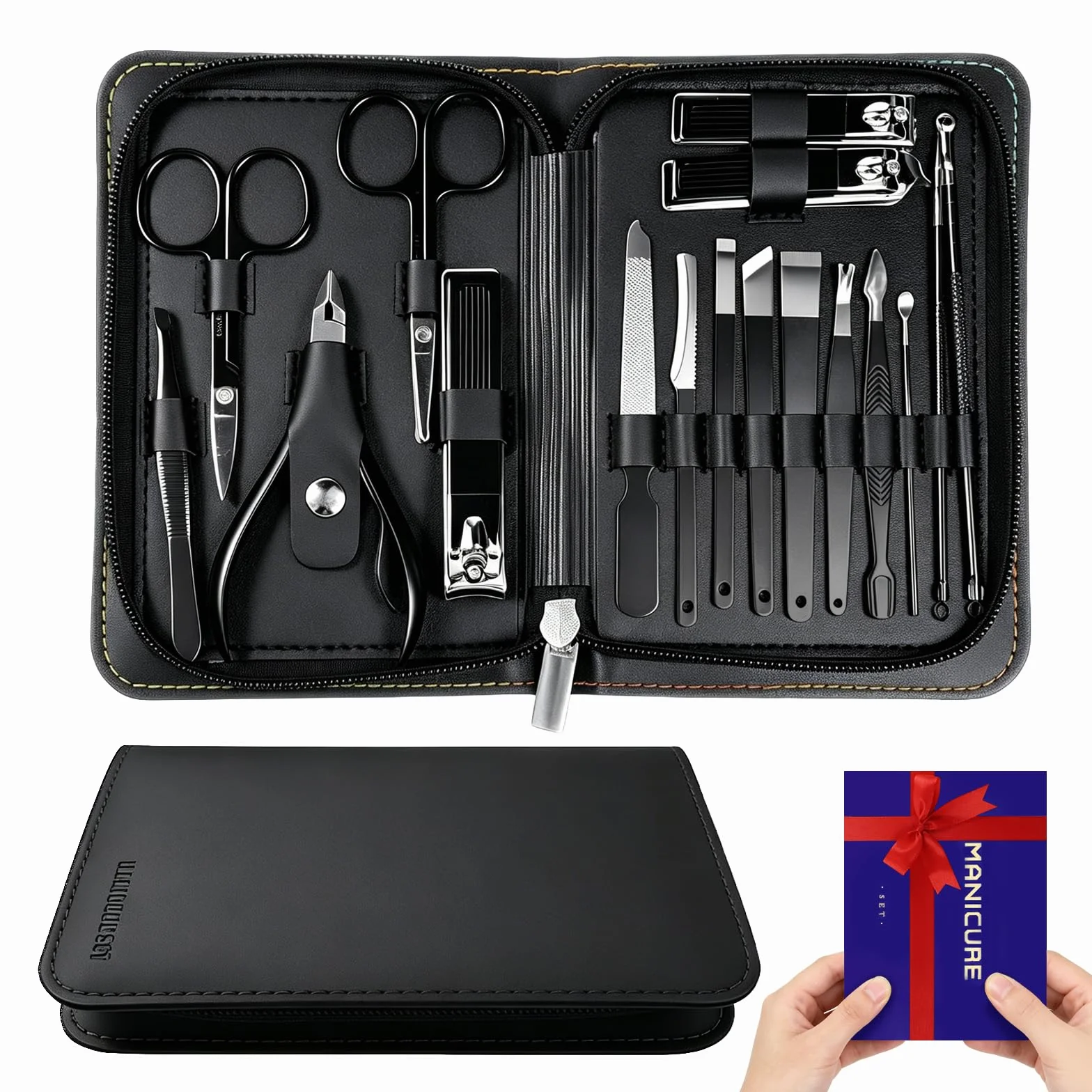 Professionnel Kit de Manucure et Pédicure 17-en-1, Acier Inoxydable, Portable