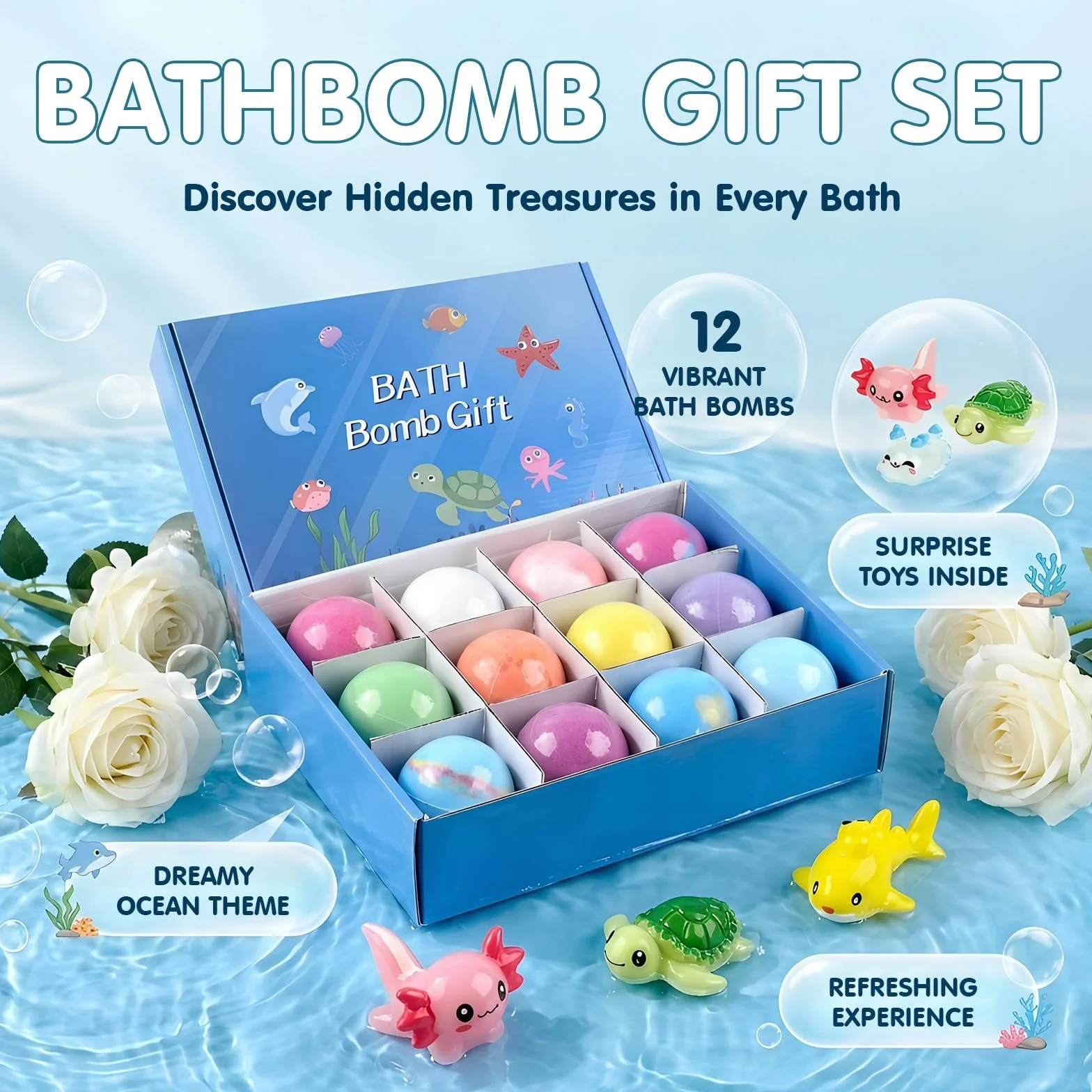 Bombe de Bain Enfant 12 Pcs Ocean Bath Bombs avec Surprise Cadeau Anniversaire 4-10 Ans