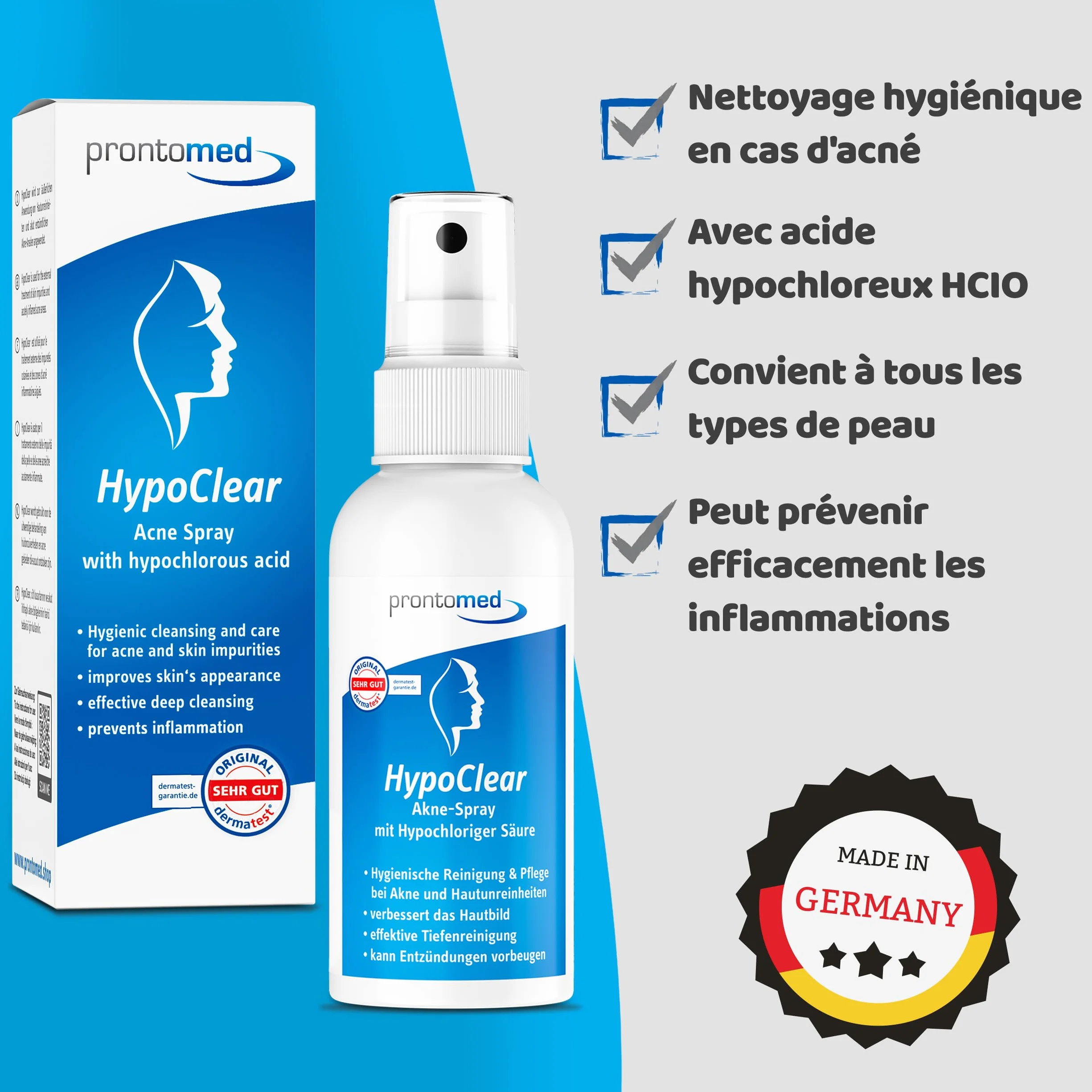 Prontomed HypoClear Spray contre l'acné 75ml acide hypochloreux soin peau imperfections rougeurs