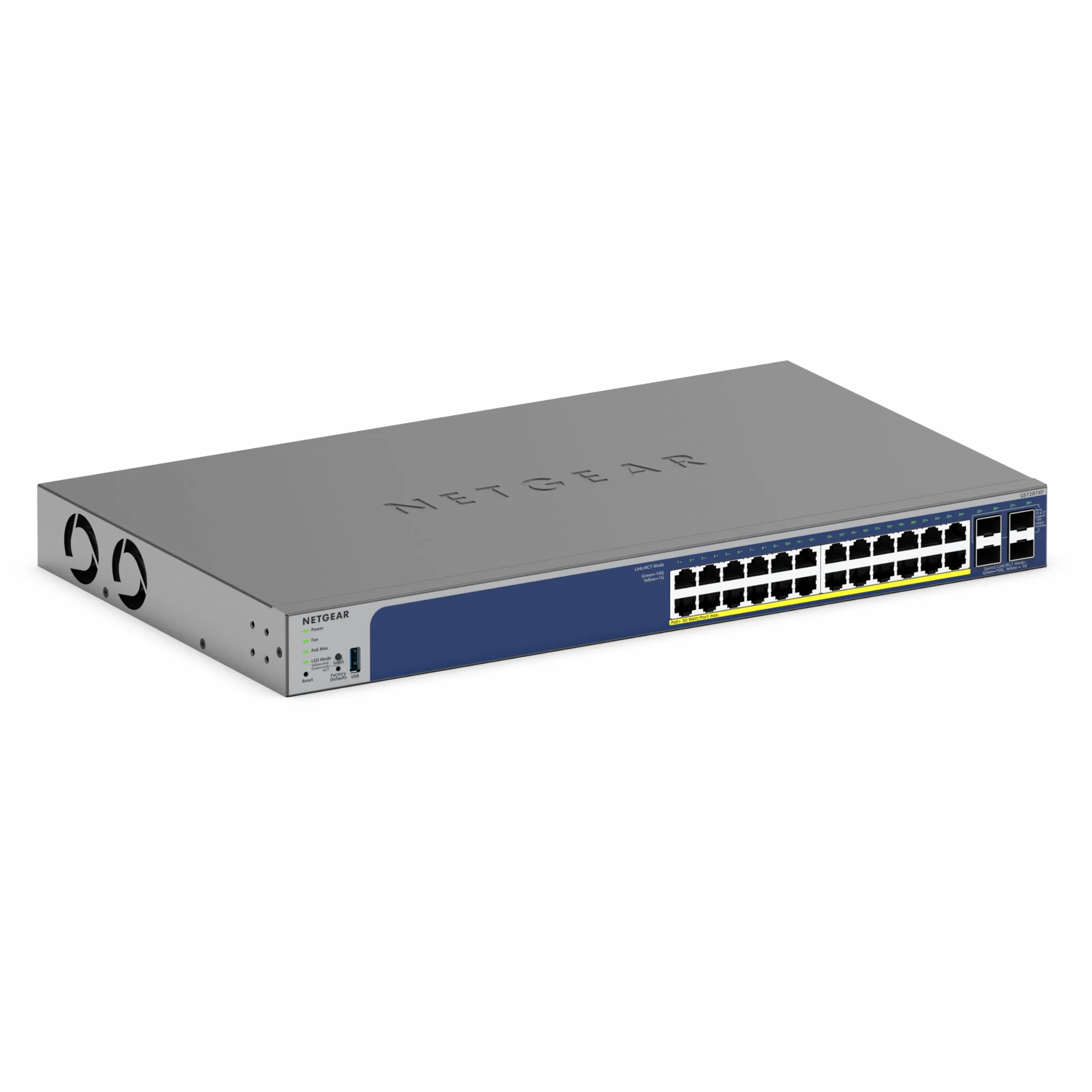 NETGEAR (GS728TXP) Smart Switch Web manageable Gigabit Ethernet PoE 28 Ports, avec 24 Ports PoE+ 190W, 2 Ports SFP+ 10 Gigabit, Administration Cloud Insight, Mur ou Rack