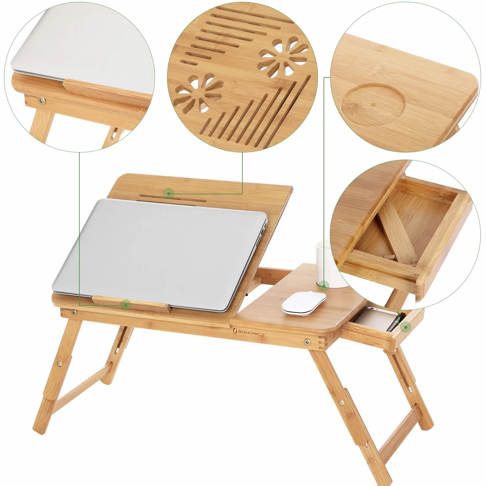 SONGMICS Table de lit pliable en bambou pour PC portable 55 x 35 x 29 cm
