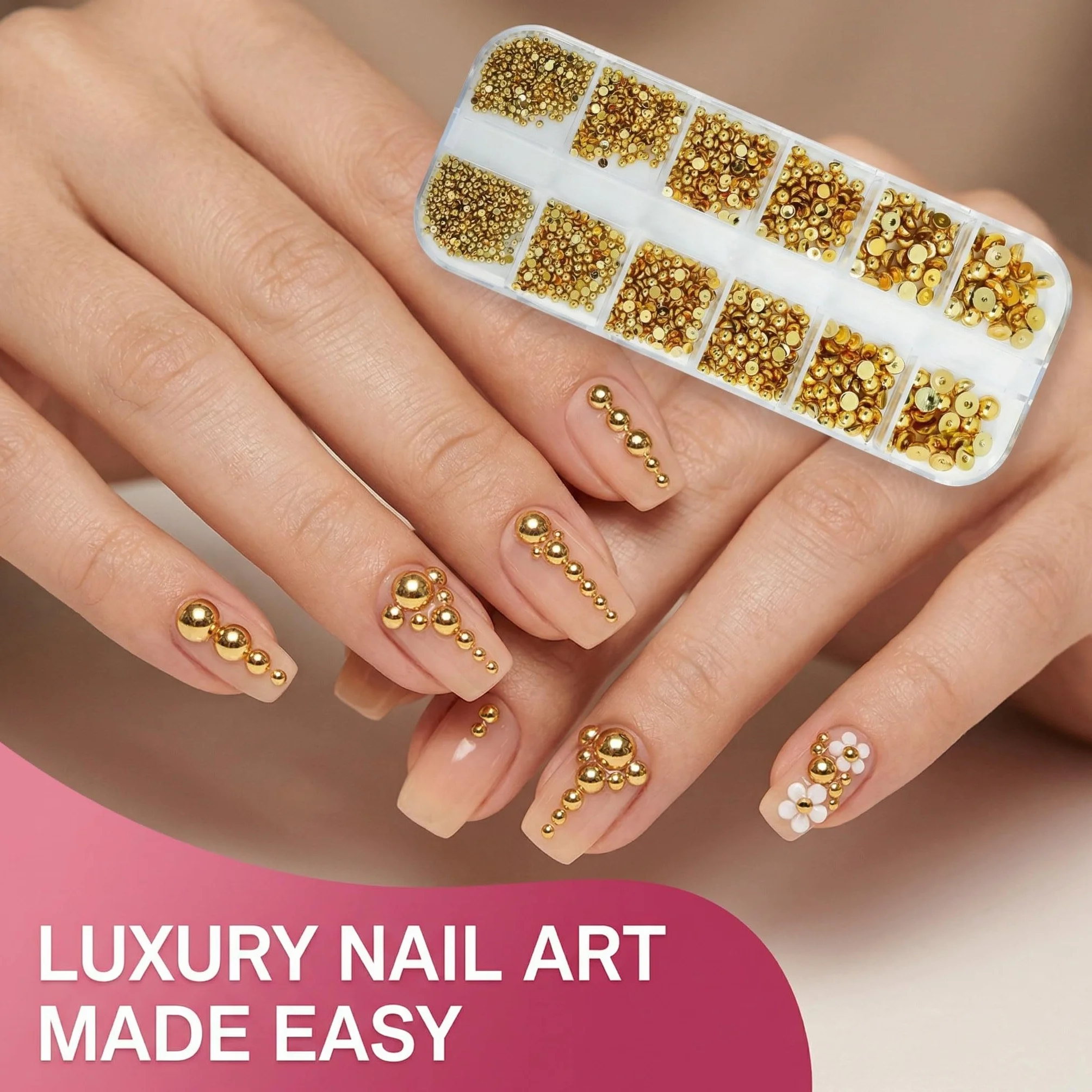 Boîte 3D Flatback Perle Ongle Or, Strass Nail Art Demi-Rondes Métal pour Décoration Ongle