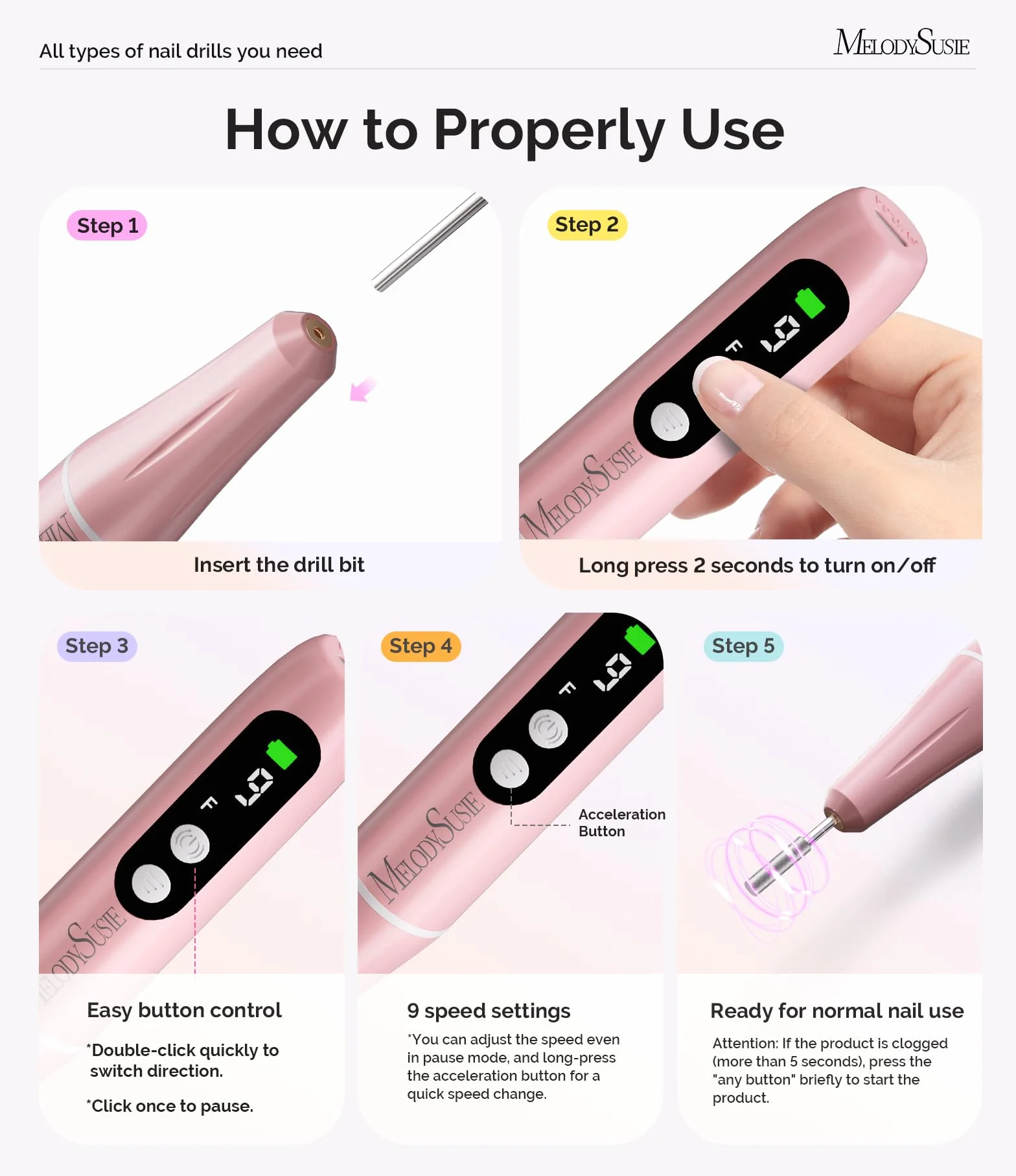 MelodySusie PC90G Ponceuse pour Ongles Rechargeable 20000 tr/min Sans Fil LED Rose