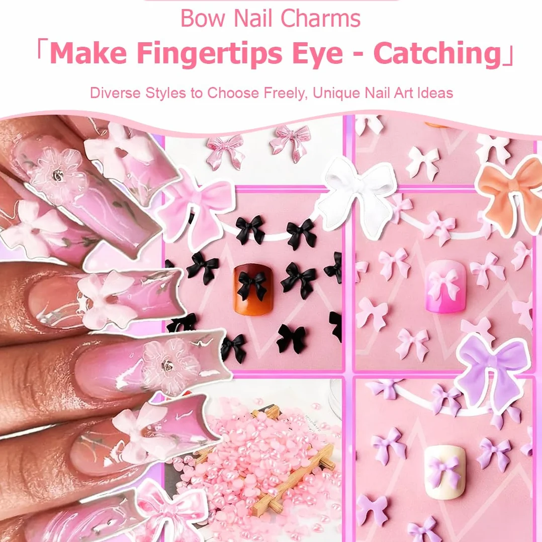 Set Charms Ongles 12 Compartiments 3D Noeud Papillon Résine Perles Cœur Fleur Crayon Cire Pince Strass
