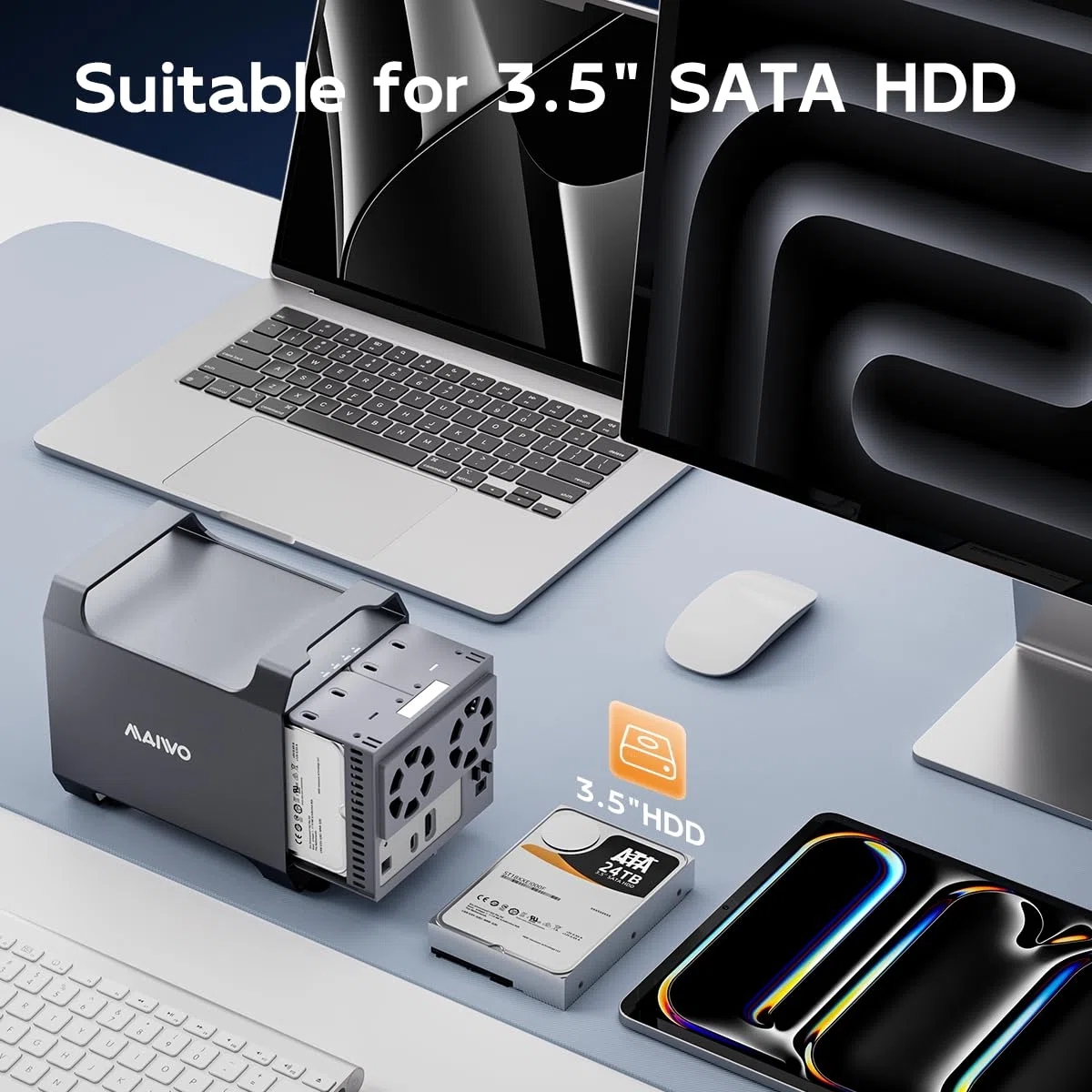 MAIWO Boîtier RAID 4 baies pour disque dur SATA 3,5" avec ventilateur de refroidissement, câble USB A-C 3.0 et C-C inclus, prend en charge Raid Normal, 0,3,5,1/10, Clone/Large (Jbod) et capacité de 96