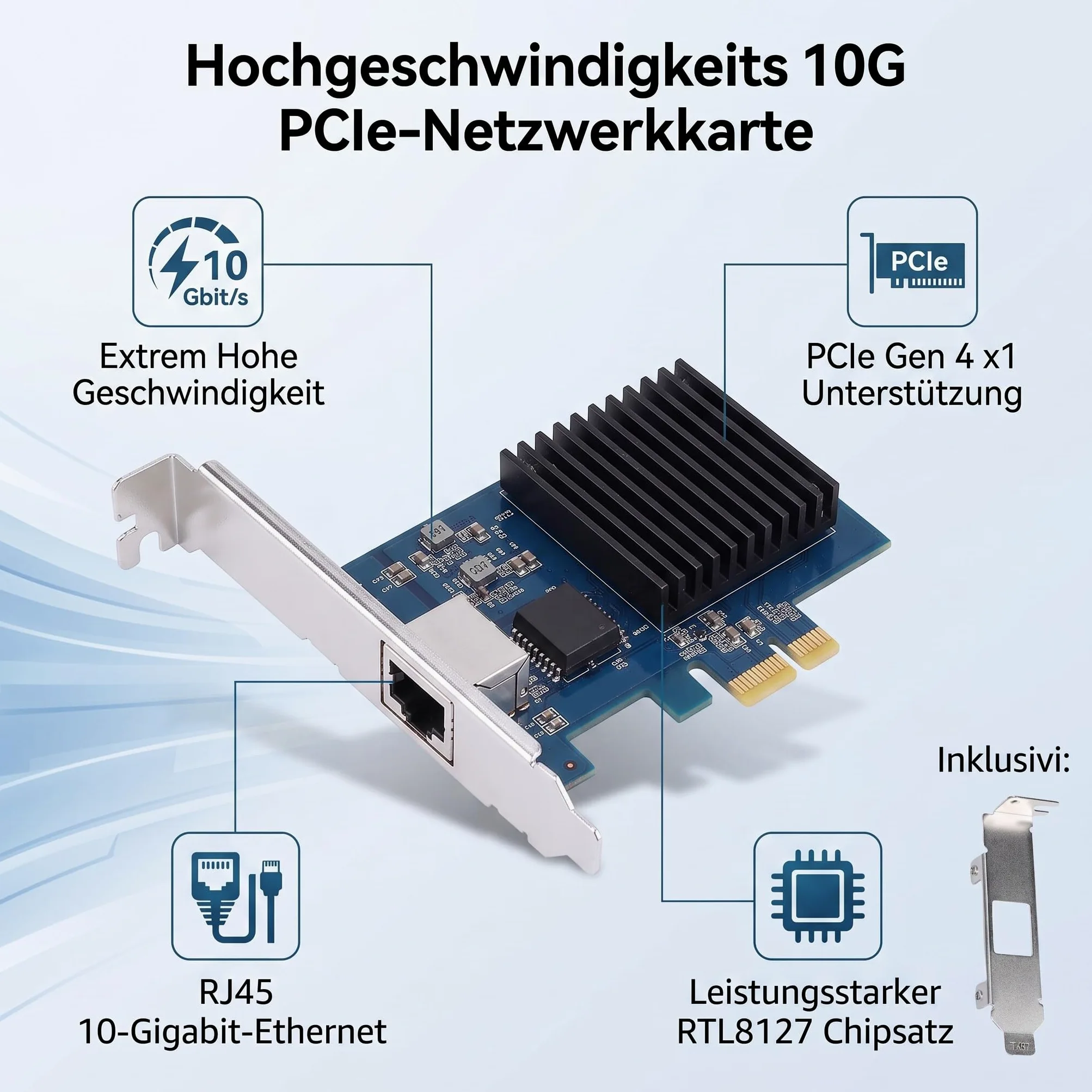 Carte Réseau PCIe 10Gbps, Puce RTL8127, Multi-Vitesse 10G/5G/2.5G/1G/100M/10M, PCIe 4.0x1, Adaptateur LAN NBASE-T RJ45, pour Serveur/Ordinateur de Bureau