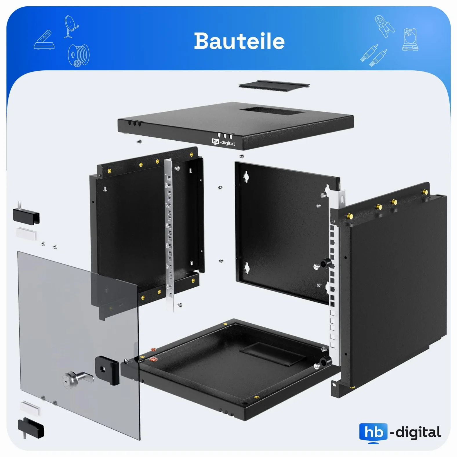 hb-digital Armoire réseau 9HE - Montage mural - Porte en verre - Serrure - Boîtier mural pour routeur EDV - Panneau de brassage - Charge maximale : 30 kg - Robuste - Profondeur : 300 mm -