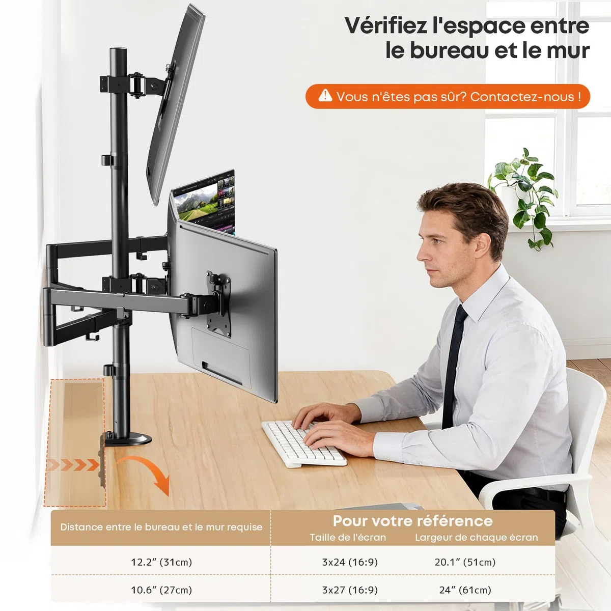 Support pour 4 Moniteurs 17"-27", Support de Bureau Réglable pour Écrans LCD LED, Montage Vertical, Poids Max 10 kg par Bras, VESA 75/100, Noir