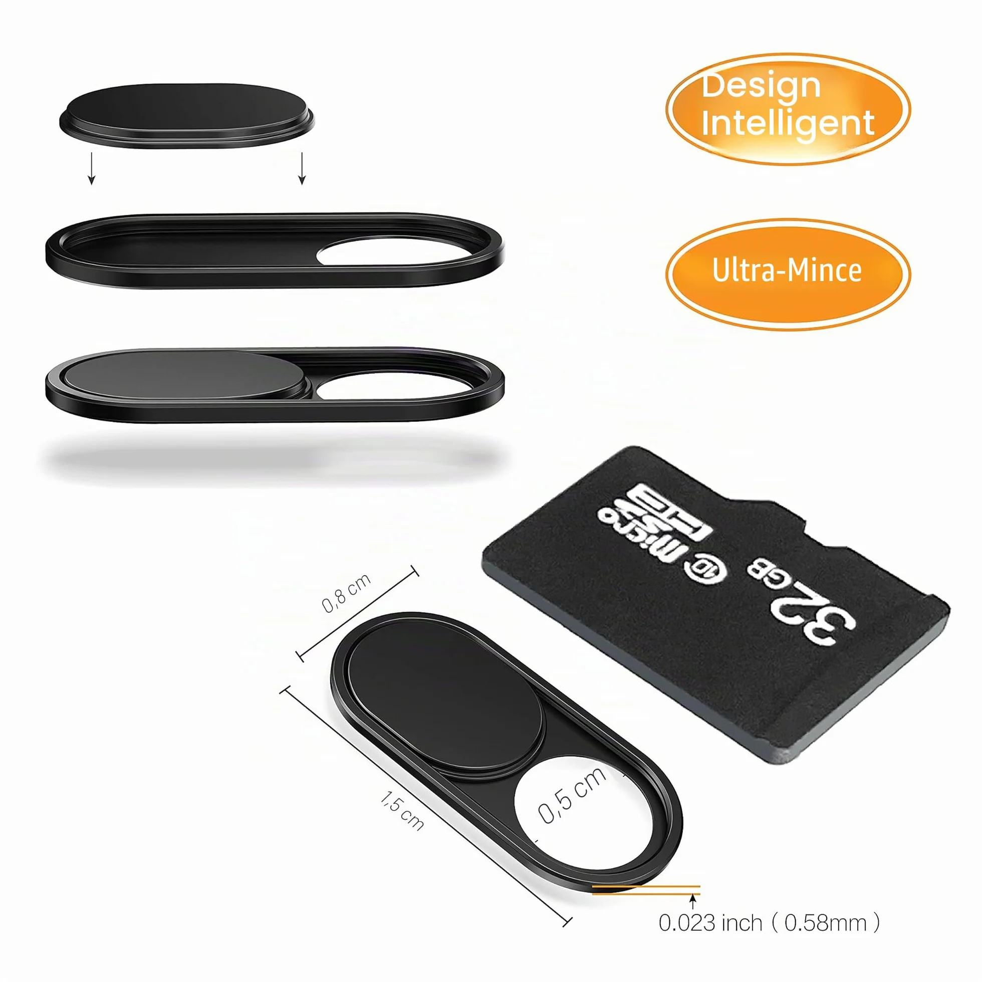 Luckies Cache Webcam Slide 0,6mm Ultra Fin Métallique pour MacBook Pro, Ordinateur Portable, Protection Vie Privée Caméra Cover Coulissant, Noir