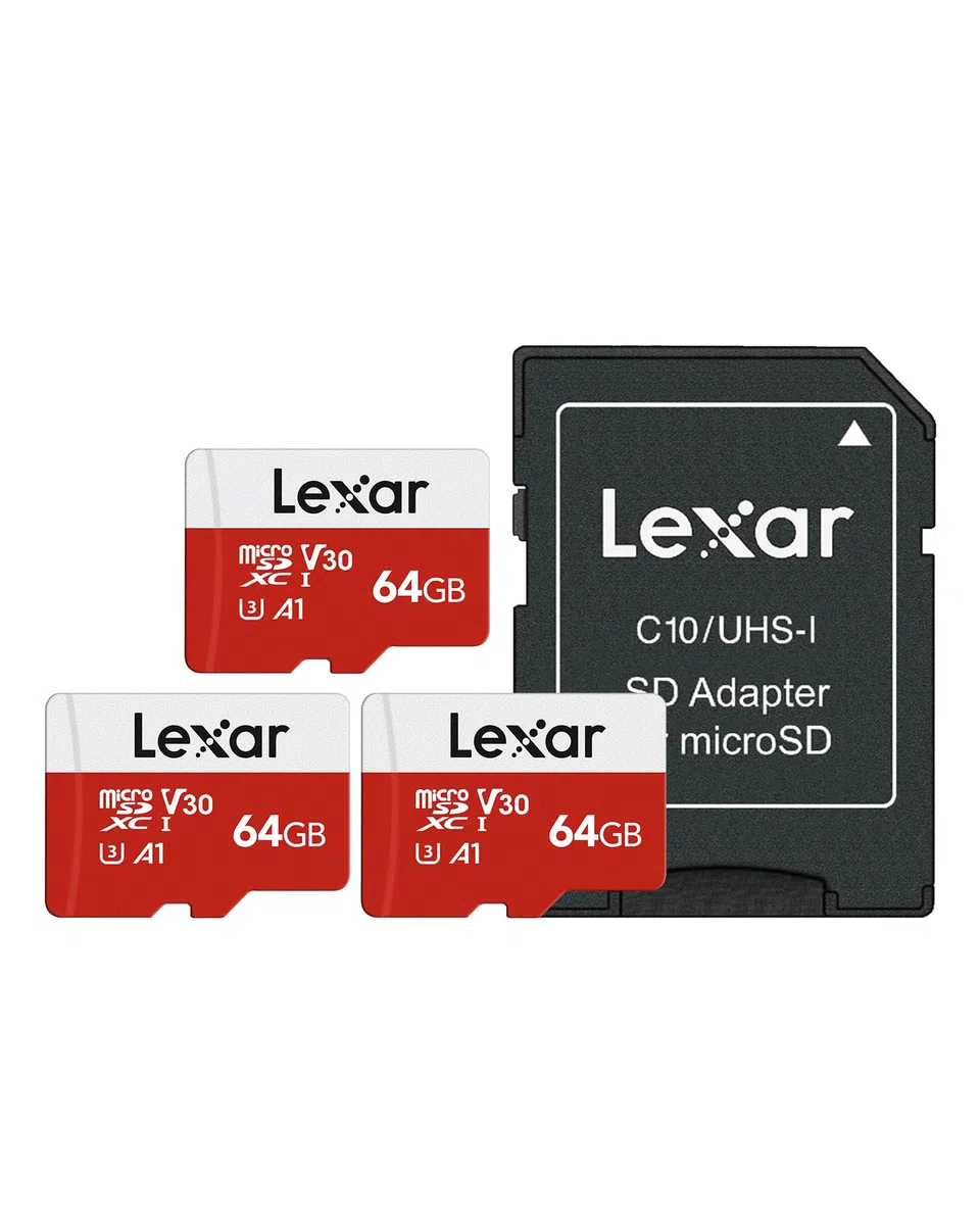 Lexar Lot de 3 cartes mémoire micro SD série E, microSDXC UHS-I avec adaptateur jusqu'à 100 Mo/s, A1, U3, Classe 10, V30, Carte TF haute vitesse (3 cartes microSD + 1 adaptateur) 64 Go