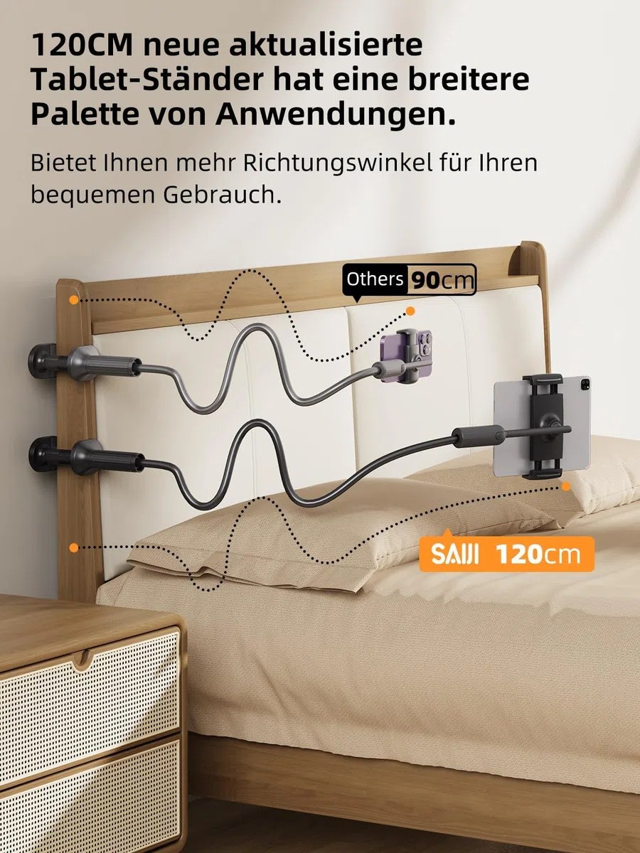 SAIJI Support Col de Cygne 120 cm pour Tablette et Téléphone, Support de Lit Réglable à Une Main, Compatible avec iPad, iPhone, Kindle Fire 4.7" à 12.7"