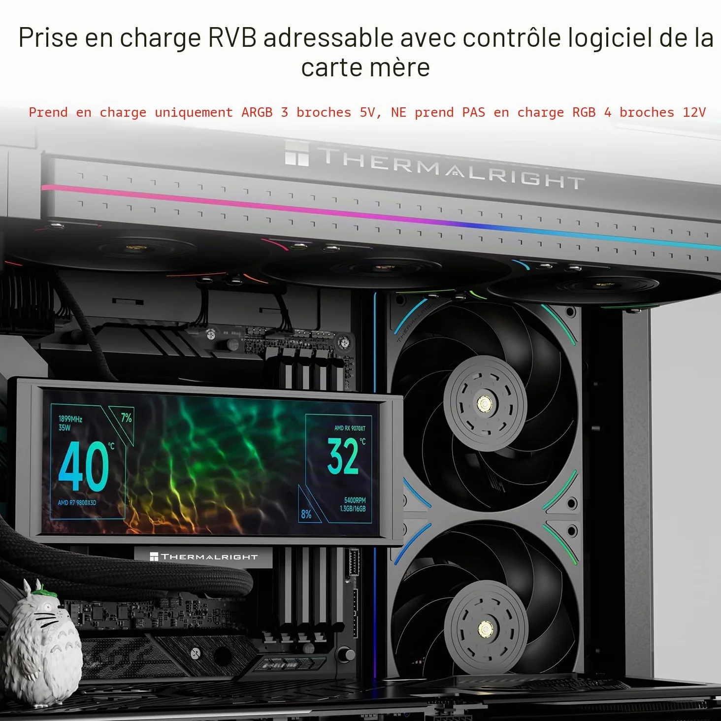 Thermalright TL-UB36R Lot de 3 ventilateurs de boîtier 120 mm PWM silencieux (≤ 27 dBA) avec pelle inversée, éclairage ARGB 5 V, refroidissement à eau, boîtier noir