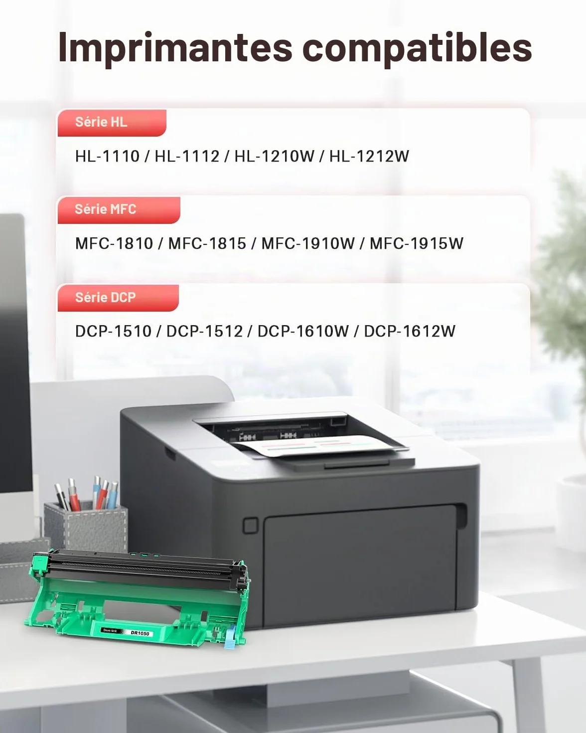 Tambour Compatible Brother DR-1050 DR1050 TN-1050 pour MFC-1910W DCP-1612W DCP-1610W DCP-1510 MFC-1810 HL-1110 HL-1210W DCP-1512 HL-1212W HL-1112 1 Pack