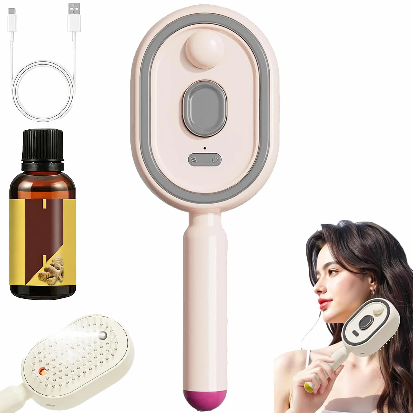 Brosse à vapeur électrique rechargeable avec spray, lisseur anti-frisottis pour femmes (Rose)