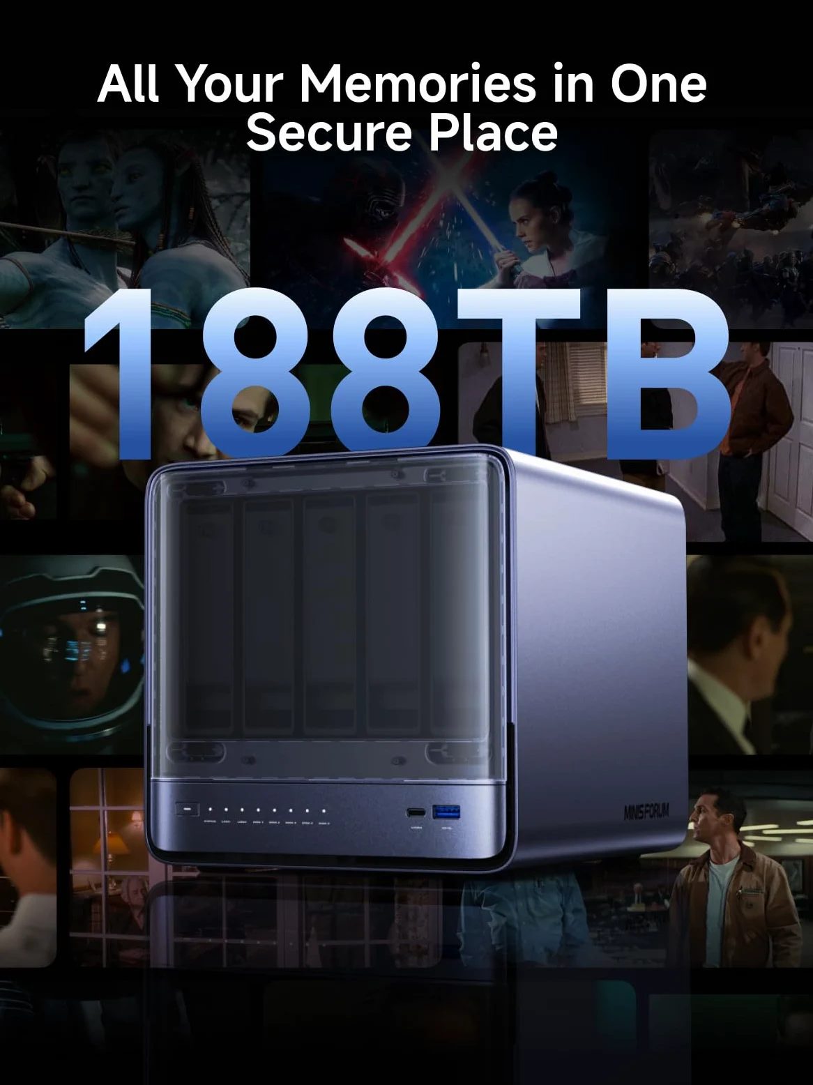 MINISFORUM 5 baies de stockage réseau NAS N5 Pro P370, processeur AMD Ryzen AI 9 HX PRO 370 (12C/24T, jusqu'à 5,1 GHz), stockage en nuage, 16 Go DDR5, 128 Go SSD, 1 x 10 Go, 1 x 5 Go, 3 emplacements M