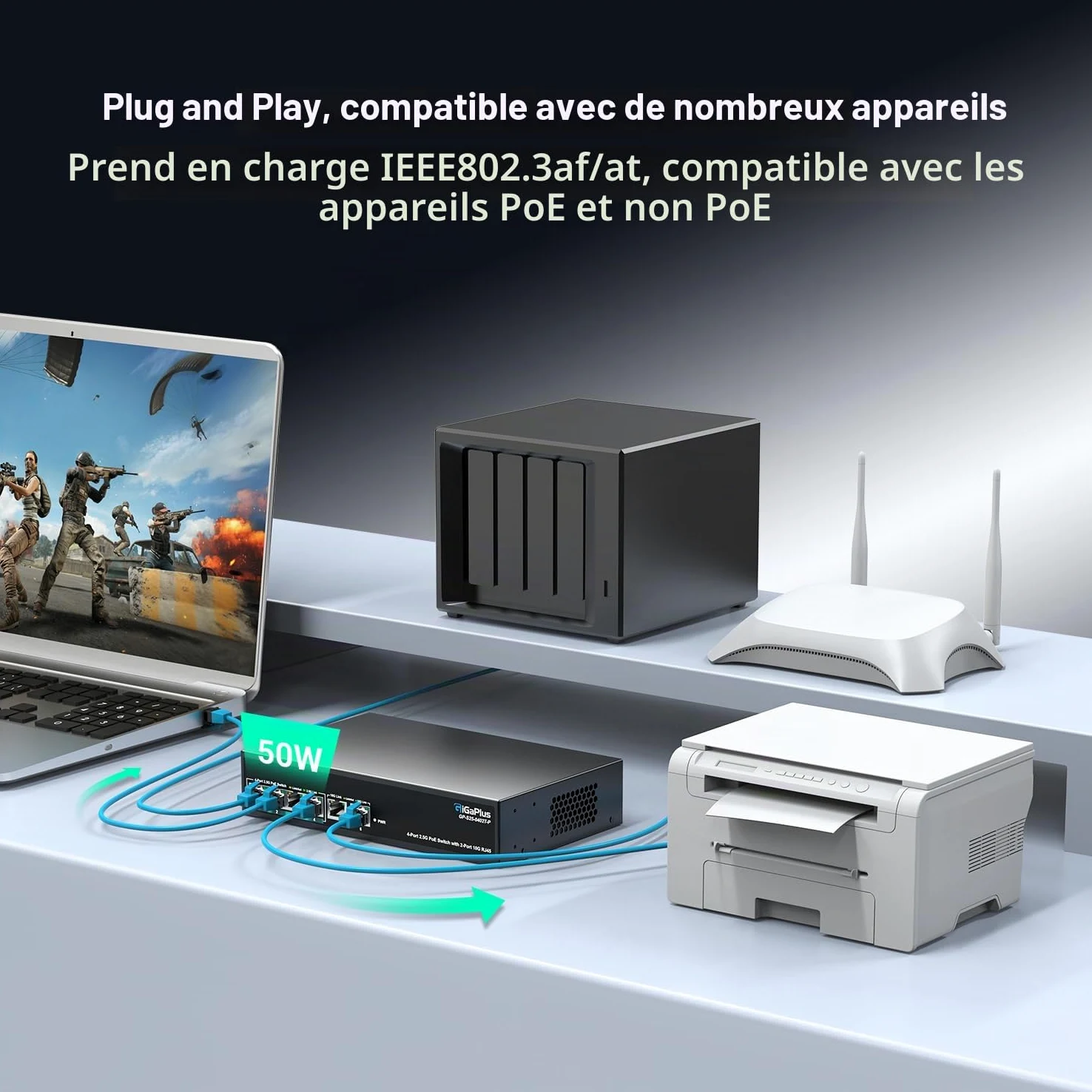 Switch Ethernet PoE Non administrable 6 Ports 10Gb avec 4 Ports PoE 2.5G Base-T et 2 Ports RJ45 10G. Capacité de Commutation de 60Gbit/s. Switch réseau GiGaPlus 10Gbit/s pour NAS/PC 2.5G/10Gbit/s