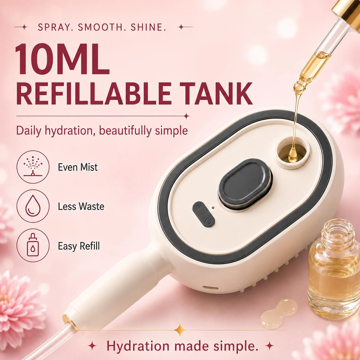 Brosse à vapeur électrique 3 en 1, fer à lisser rechargeable avec spray, peigne démêlant antistatique et massage à coussin d'air (Rose)