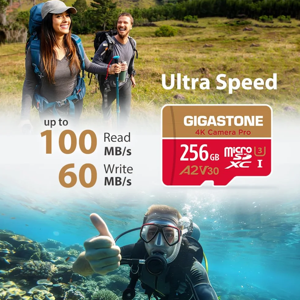 GIGASTONE Carte Mémoire 256 Go MicroSDXC A2 V30 U3 4K 100 Mo/s