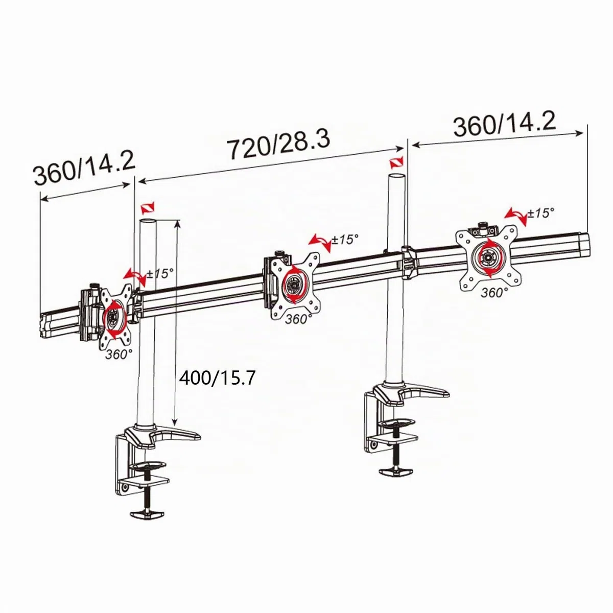 HFTEK Support de Bureau Table pour Trois moniteurs de 15" à 27" avec VESA 75/100 (MP230C-N)