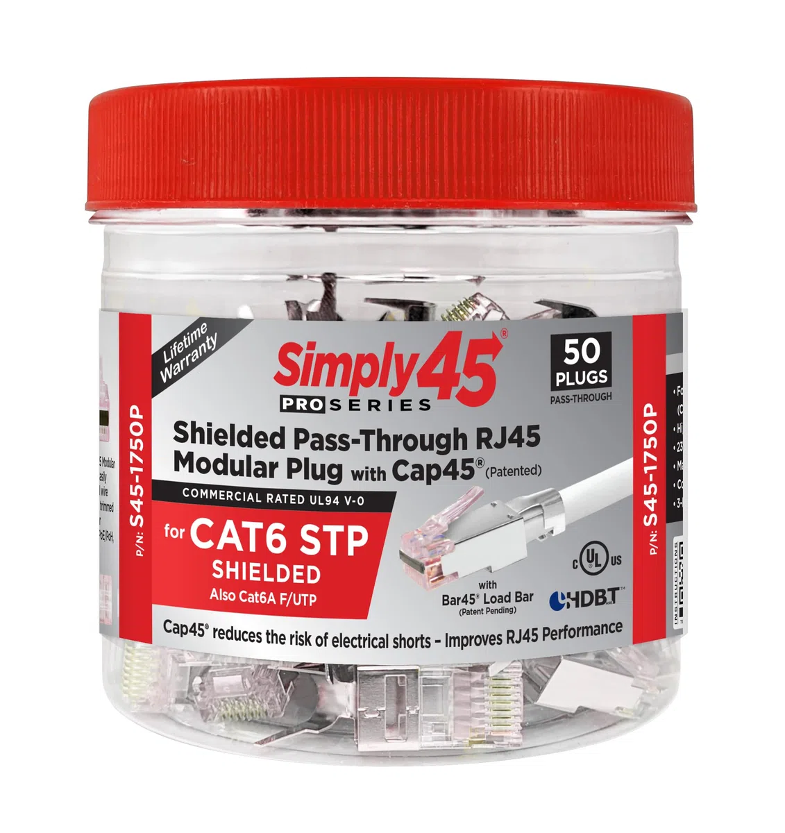 Simply45 ProSeries S45-1750P Prise de courant RJ45 avec culot 45 et Bar45 blindé pour sol externe solide 23 AWG Cat6/6a STP – Rouge teinté, 50 pièces/jarre
