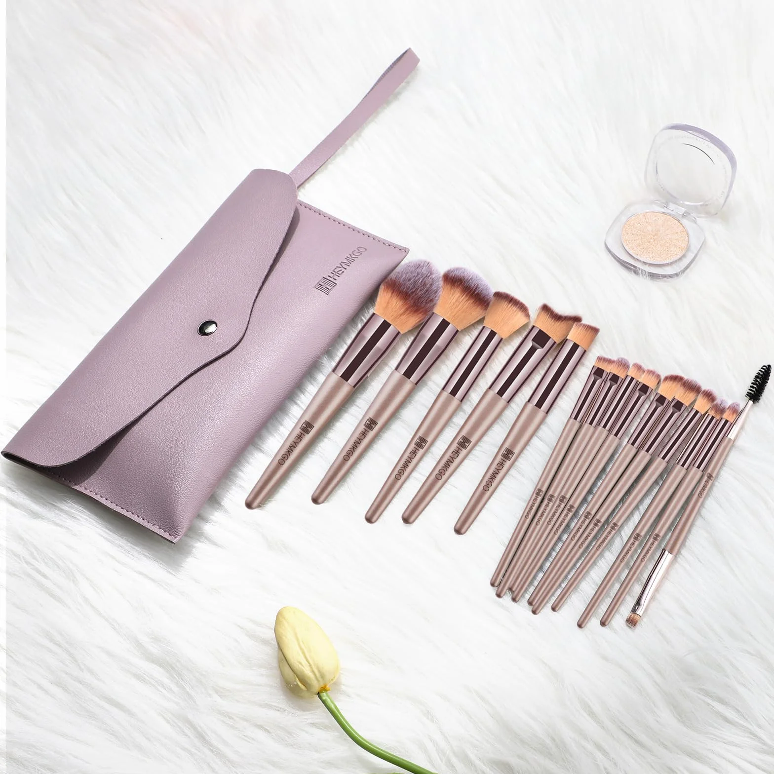HEYMKGO Pinceaux Maquillages Lot de 15 Set Professionnel avec Trousse en Cuir PU Champagne Doré