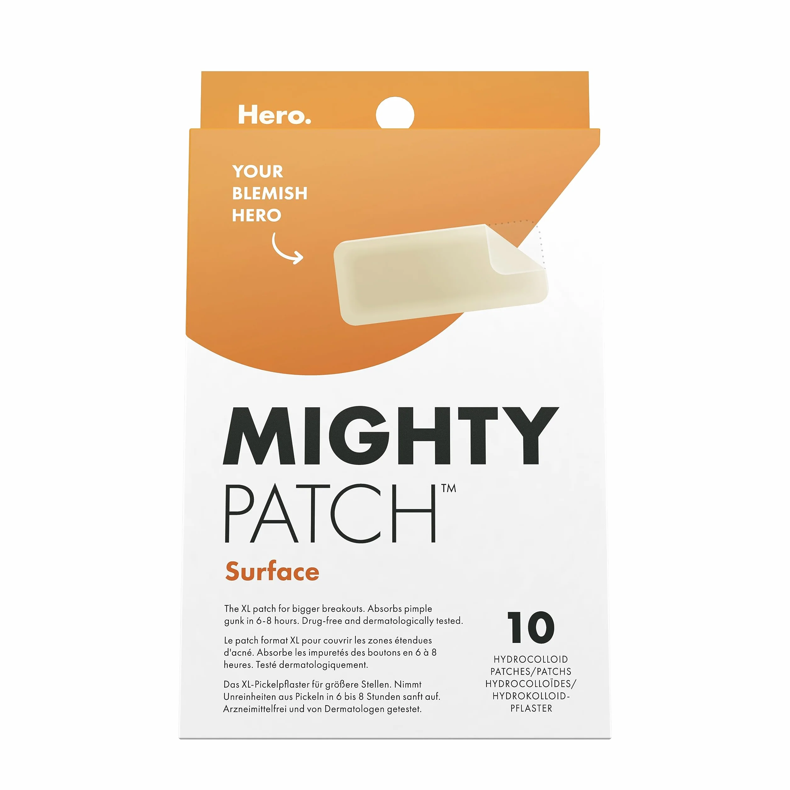 Hero Mighty Patch Surface: Patch anti-acné XL à l'Hydrocolloïde, 10 patchs