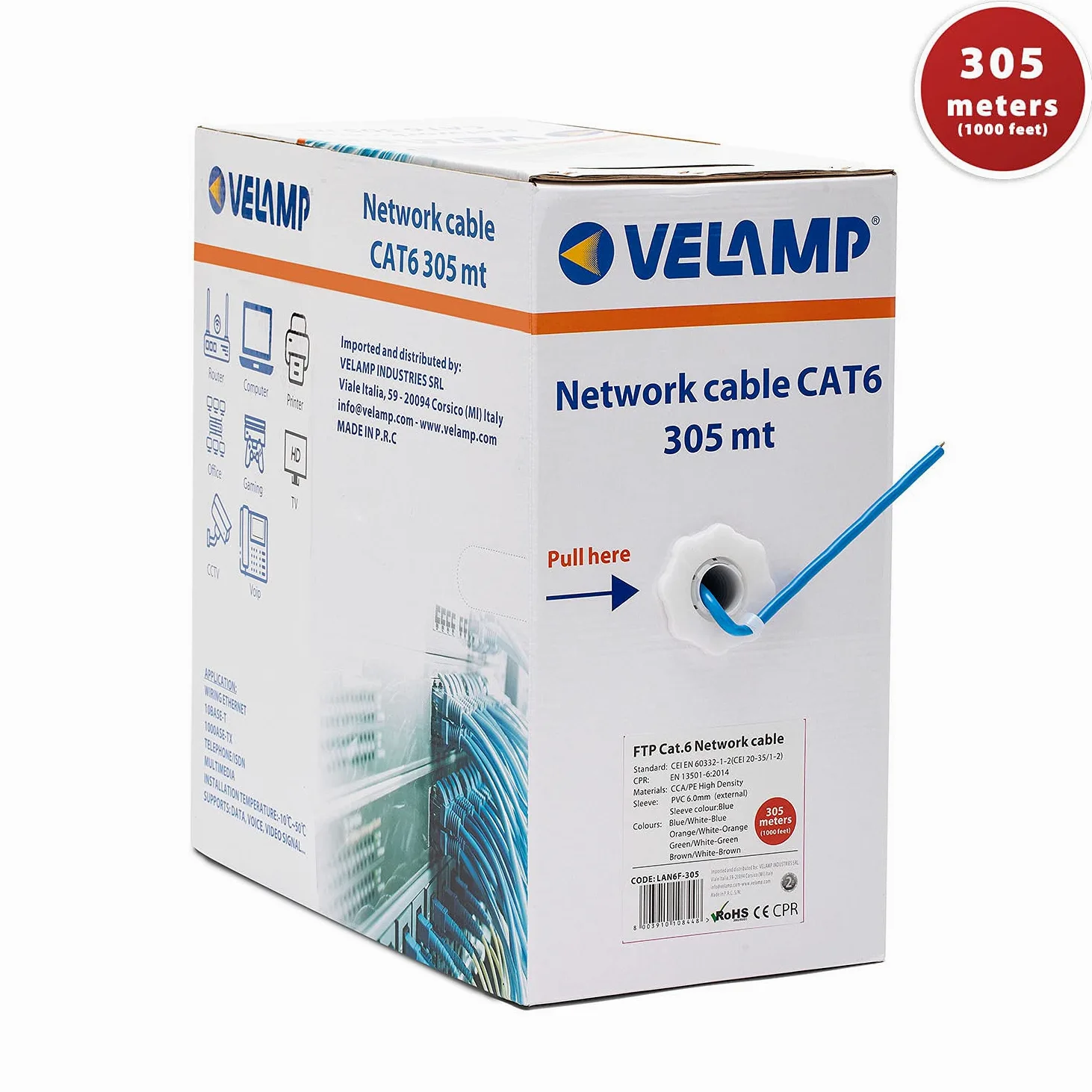 Velamp Câble Ethernet 305m, Câble Reseau LAN, Câble Ethernet Cat6 Haut Debit Pour Internet Rapide, Câble en Vrac FTP CCA, Certifié CPR (Eca)