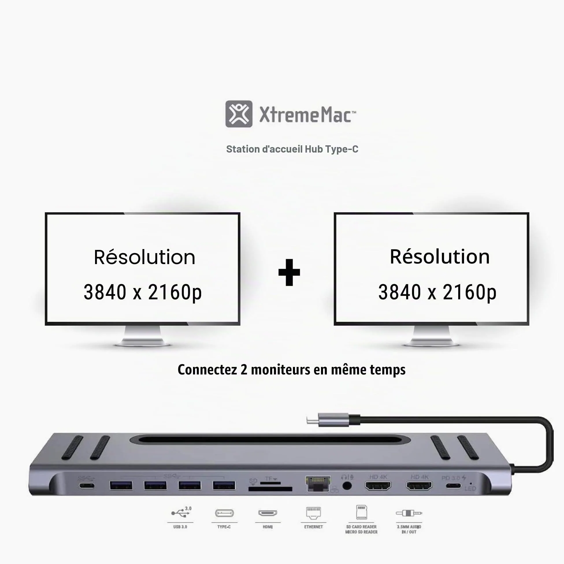 XtremeMac Adaptateur Hub USB-C 12 en 1 - Station d'accueil pour Apple MacBook Type C, Ethernet, 4X USB 3.0, 2X USB C PD, 2X 4K HDMI, Micro Audio, Lecteur Carte SD/TF