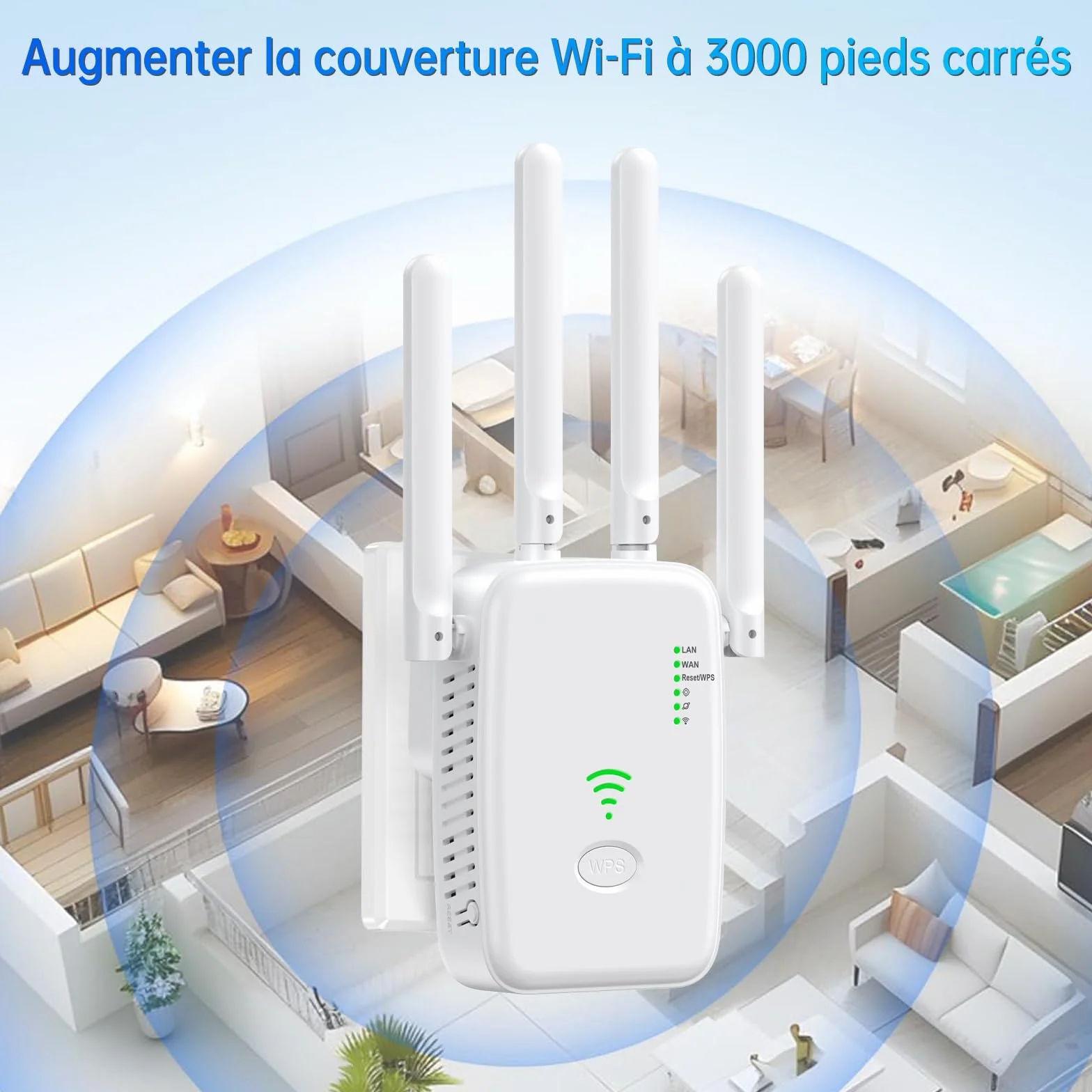 Répéteur WiFi 300Mbps 4 Antennes Amplificateur de Signal avec Mode AP/Repeater/Routeur Port Ethernet