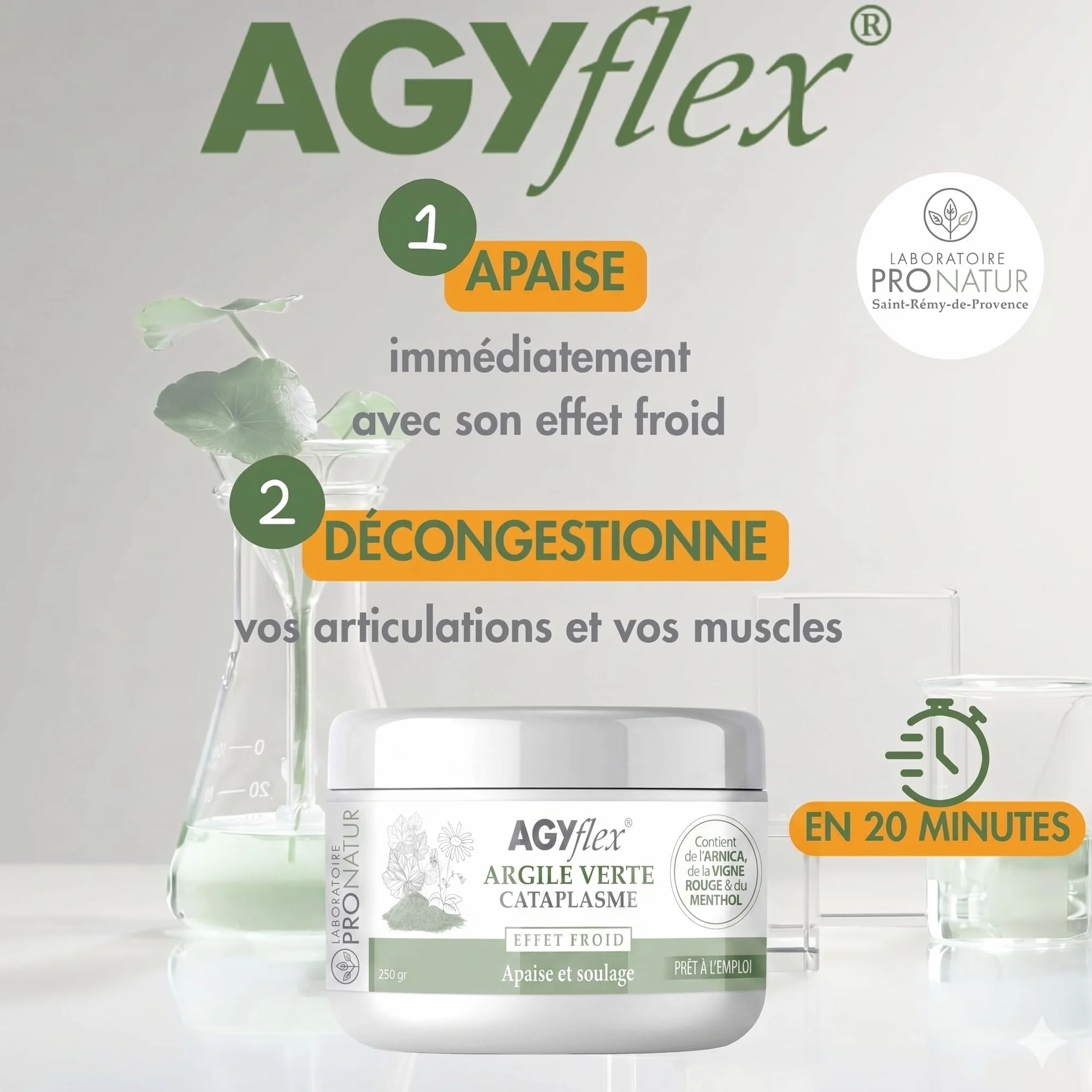 Cataplasme Cryo AGYflex Argile Verte 250g Vigne Rouge Arnica Menthol Bien-être Muscles Articulations Fabriqué en France