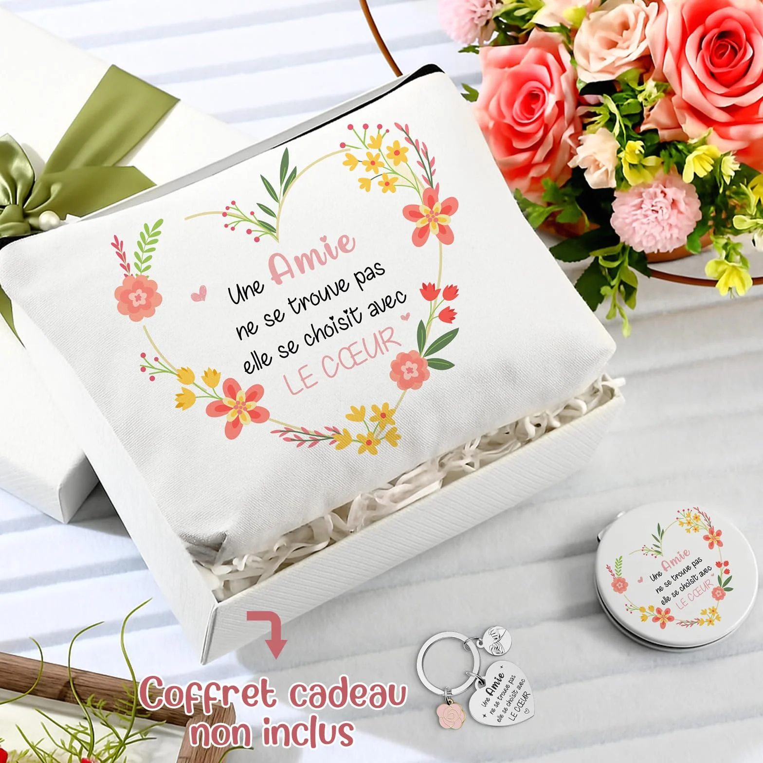 Maitys Trousse de Maquillage avec Fermeture Éclair Miroir de Voyage avec Loupe Porte-Clés BFF Set Cadeaux