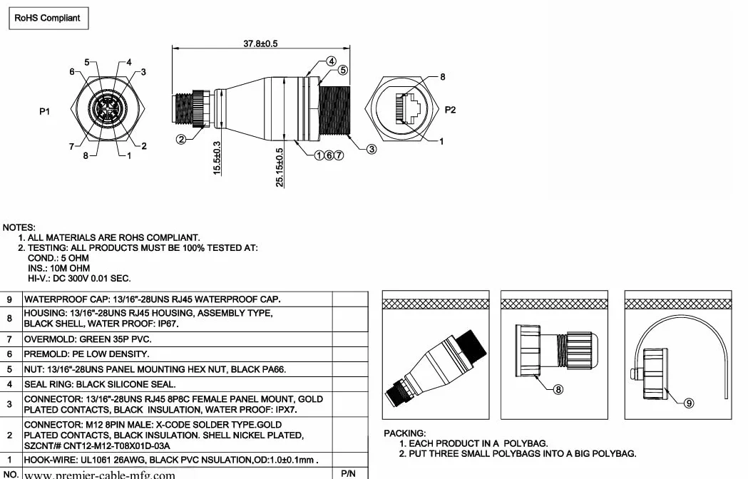 Adaptateur M12 X Code 8 broches vers RJ45 RJ45 Réseau Ethernet RJ45 Cat6 vers connecteur circulaire mâle M12 Connecteur circulaire IP67 Étanche Prise blindée Compatible Caméra industrielle GigE Vision