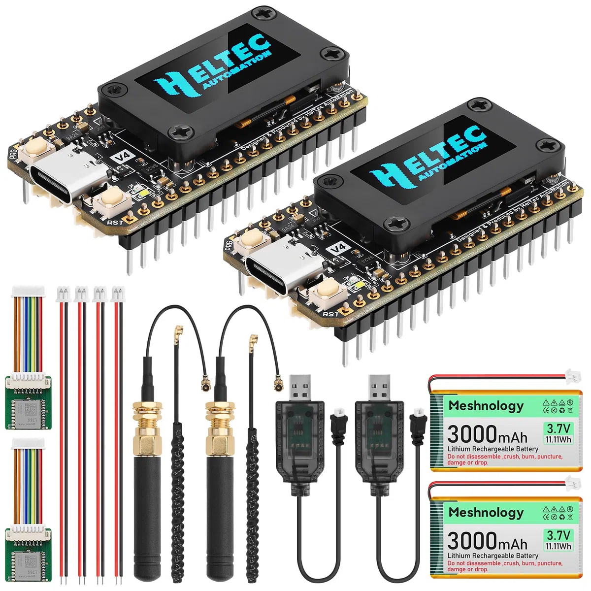 Lot de 2 cartes de développement ESP32 LoRa V4 + module GNSS L76 + batterie 3000 mAh, ESP32-S3 SX1262 LoRa WiFi Bluetooth 2 Mo PSRAM 16 Mo Flash 915 MHz Antenne OLED Support GPS solaire