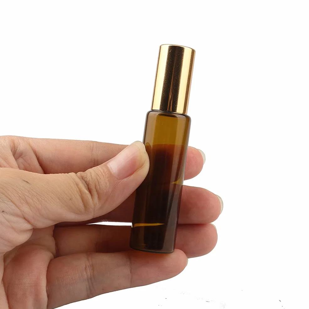 Flacons à Bille pour Huiles Essentielles 10ml – Bouteilles Roll On en Verre Marron Ambre avec Bouchon Or, Lot de 20