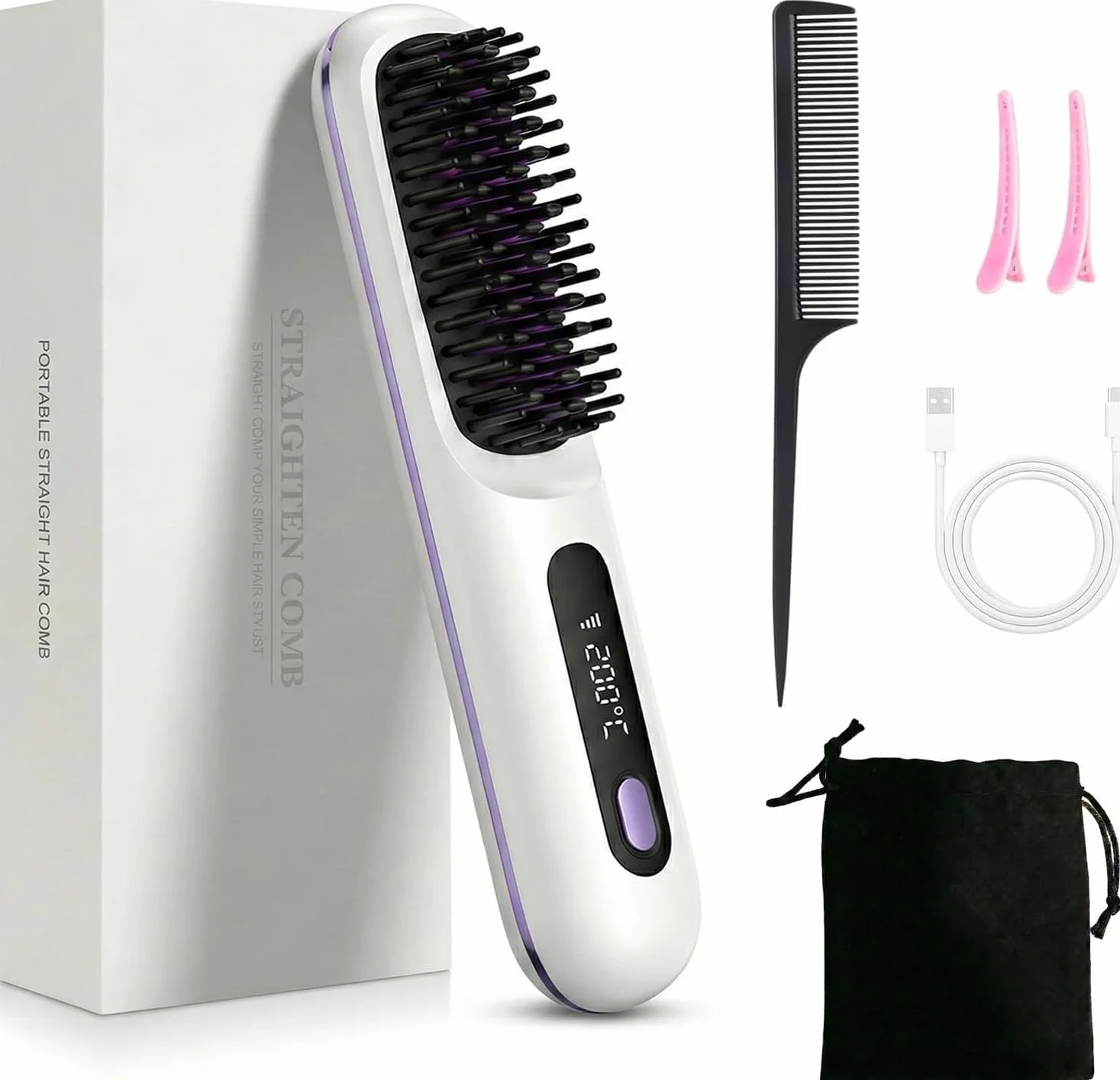 Brosse Lissante Sans Fil Portable Rechargeable Revêtement Céramique 3 Niveaux Température