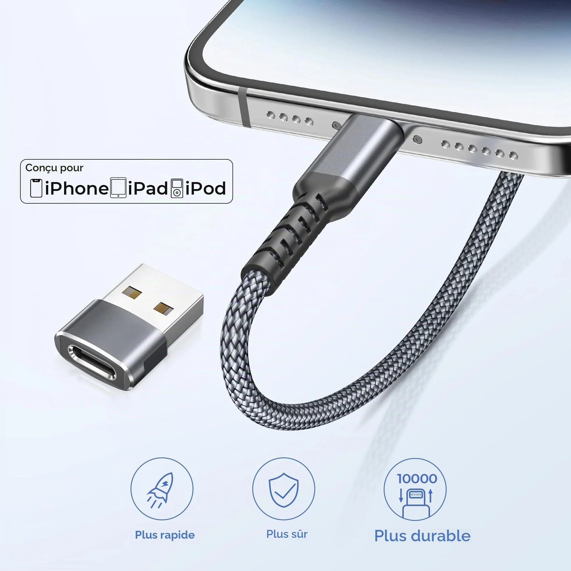 BASESAILOR Câble Chargeur USB C vers Lightning 3M Adaptateur USB A Cordon Alimentation Type C PD Charge Rapide pour iPhone 14 13 12 11 Pro Max XR SE Airpods iPad