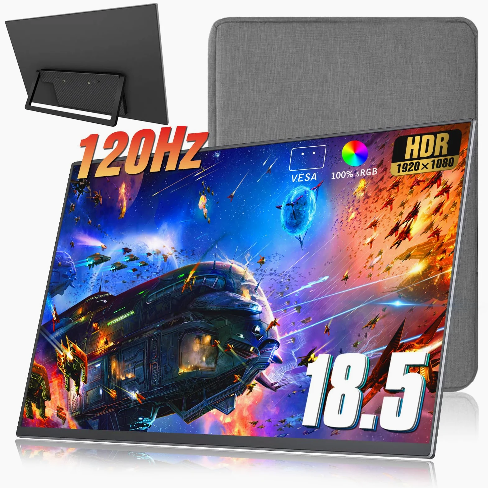 Écran Portable 18.5 Monitor + Sleeve 120Hz 1080P,100% sRGB FHD HDR USB HDMI with VESA Ultra Slim Tragbarer Mobiler Laptop Office Monitor,for Computer Switch Phone Game Devices