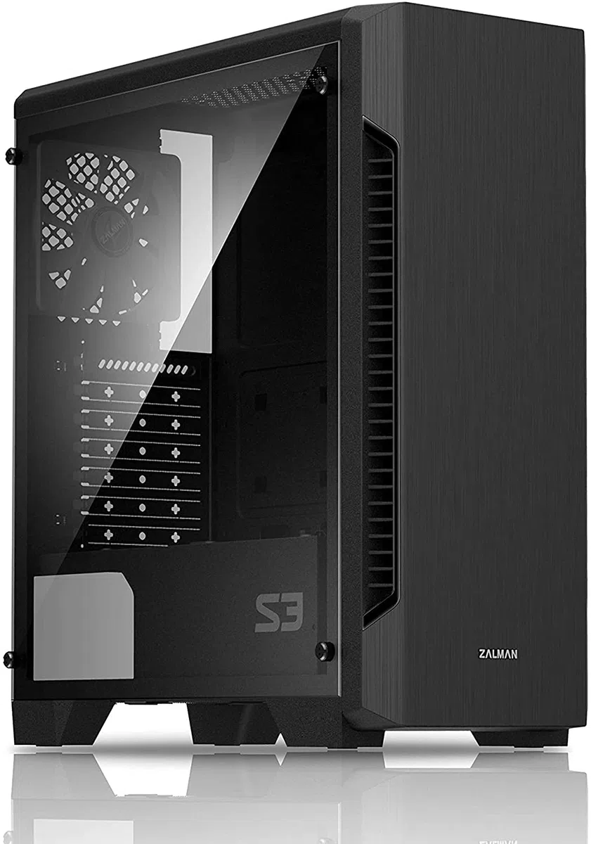 Zalman - S3 - Boîtier PC ATX Mid-Tower - Panneau latéral en Verre trempé - 3 Ventilateurs de boîtier 120 mm pré-installés, Noir