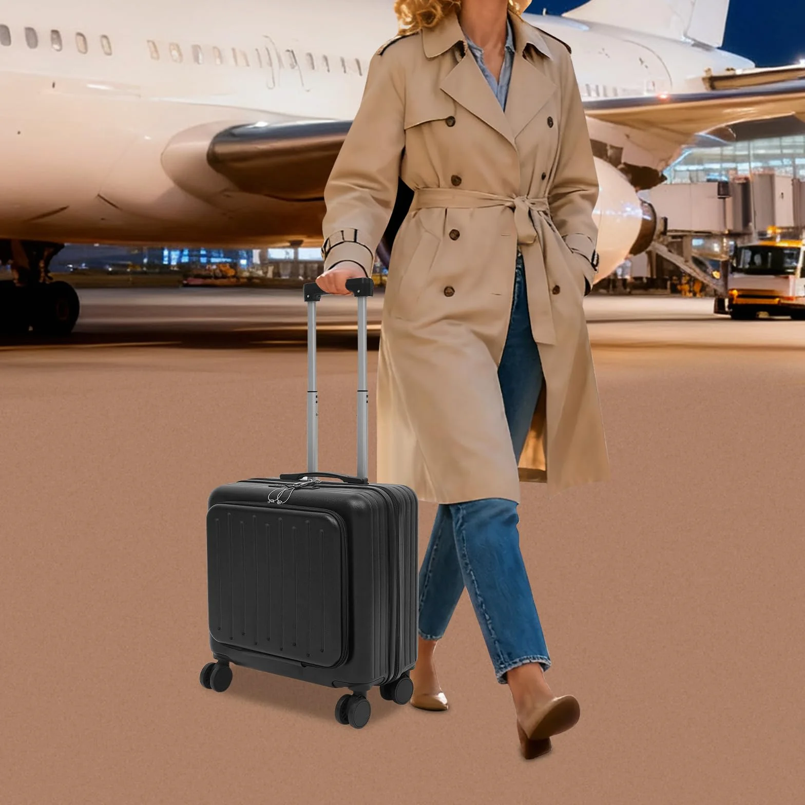 Valise de pilote de 45,7 cm avec roulettes, petit bagage à main avec compartiment pour ordinateur portable, port de charge USB, porte-gobelet, valise de voyage légère avec serrure à