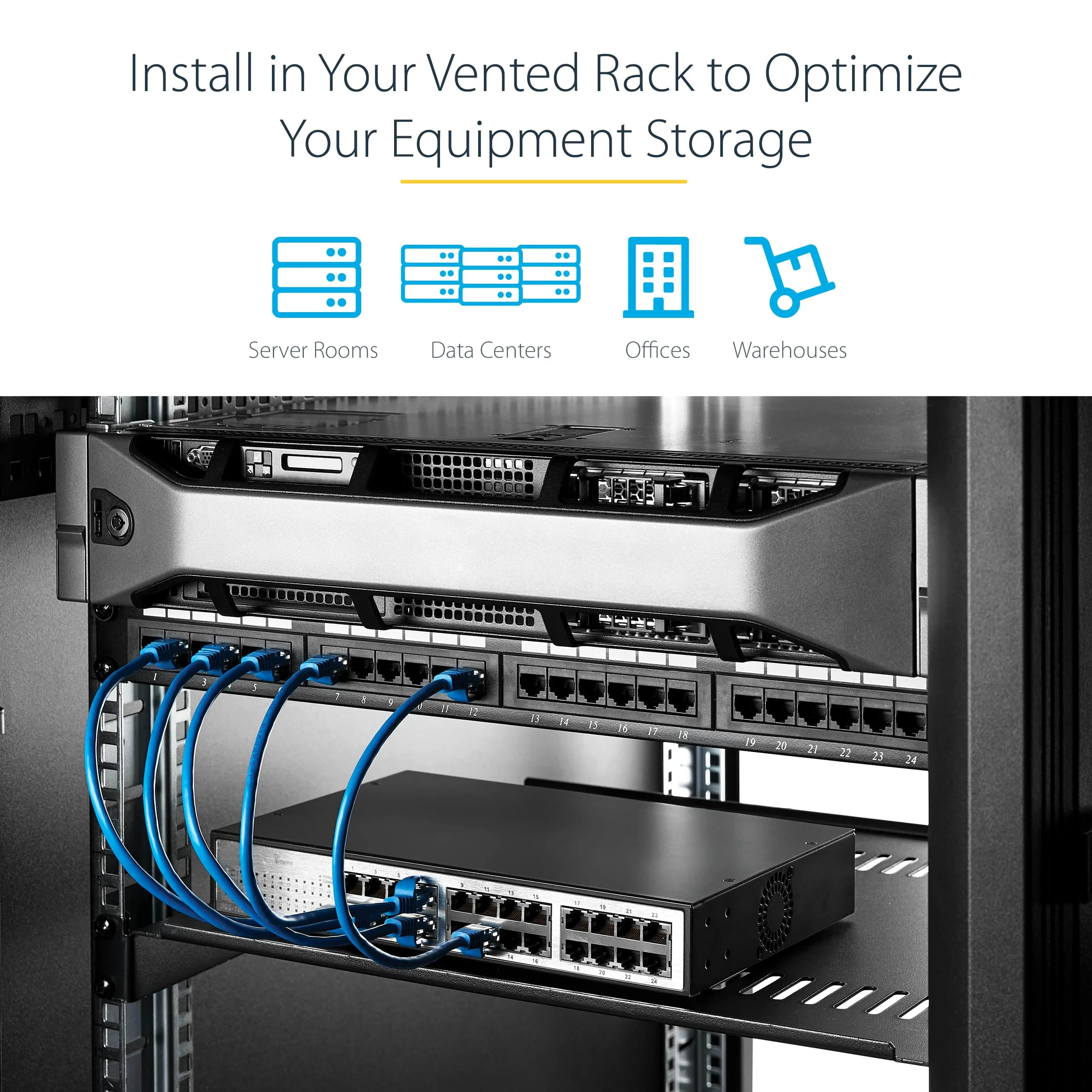 StarTech Lot de 2 Étagères Ventilées Rack 1U, 25cm, 20kg (CABSHELFV1U-2PK) | Plateau cantilever, Montage en rack, Armoire réseau, Très résistant