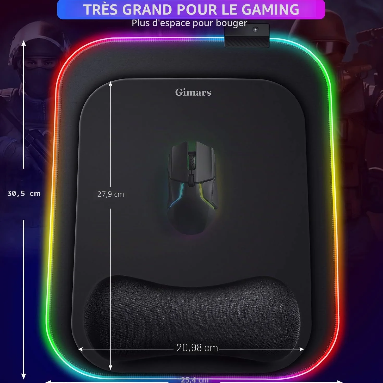 Gimars Tapis de Souris Gaming RGB 305x254mm XL Repose Poignet Gel Base Antidérapante Tissu Lycra