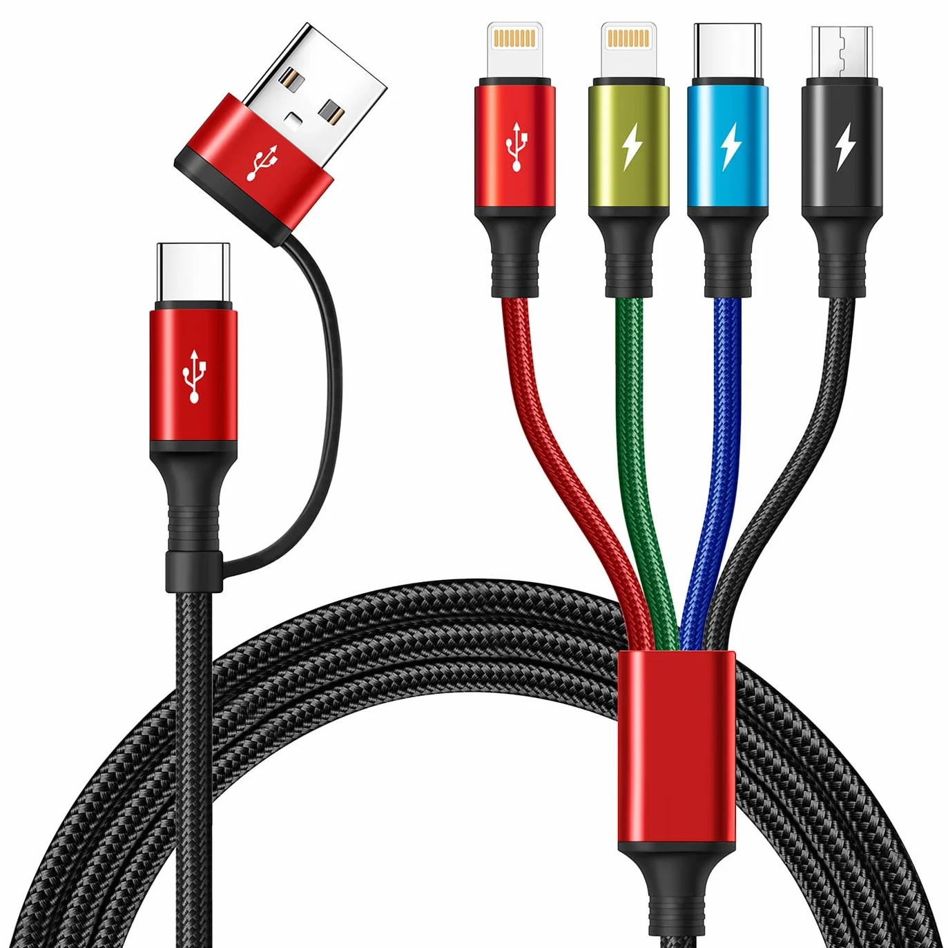 Minlu Câble de Charge 4 en 2, Cable Multi Embout avec Transfert de Données 3,5A 1,2M Nylon USB Rapide Micro/Type C/Lightning