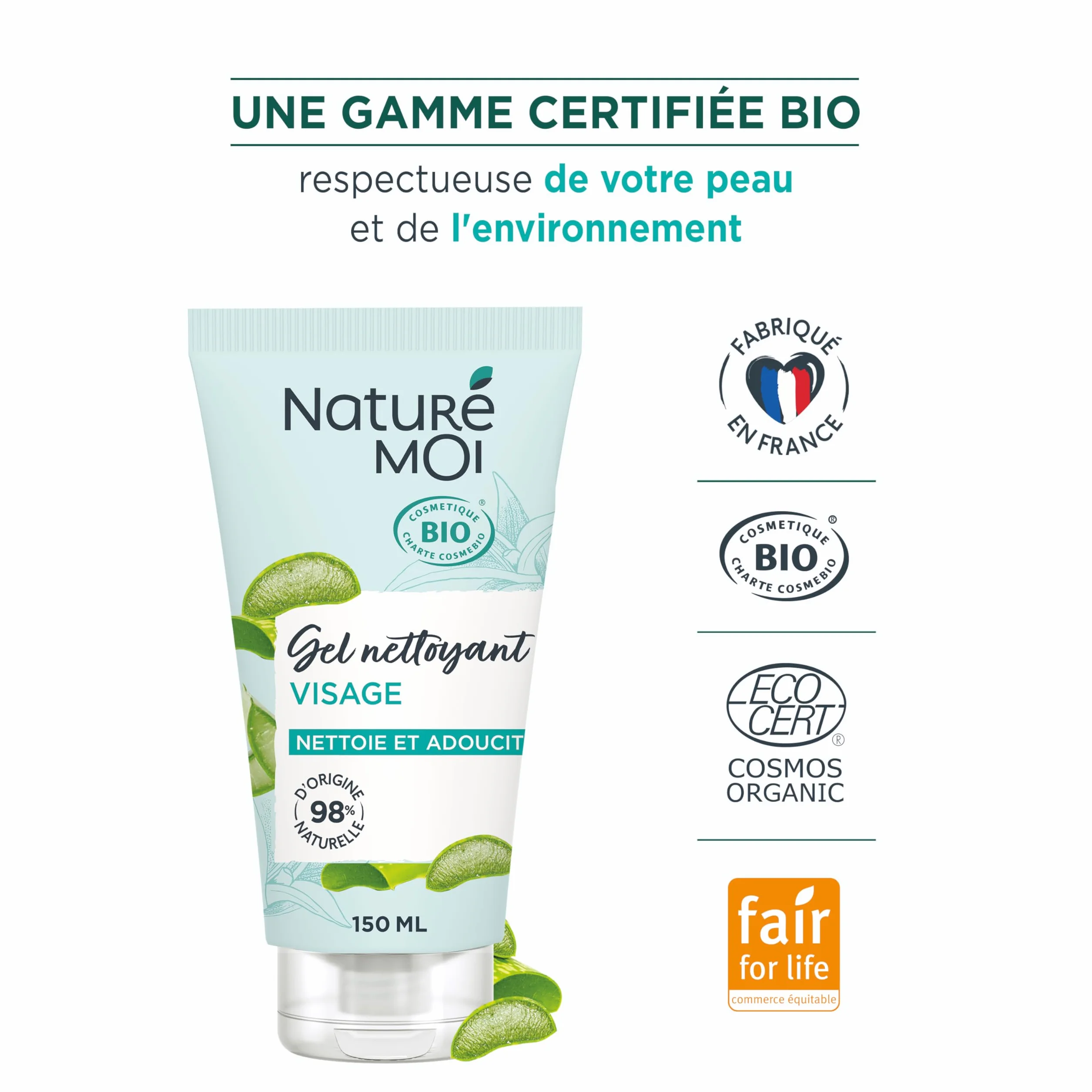 Gel Nettoyant Visage Aloe Vera Bio 150 ml Fabriqué en France