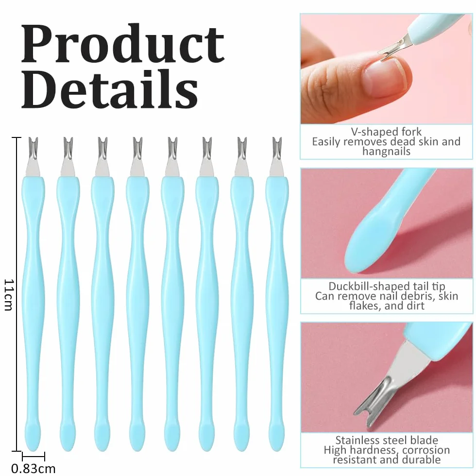 Lot de 8 repousse-cuticules avec fourchette - Coupe-cuticules - Outil de soin des ongles - Bleu