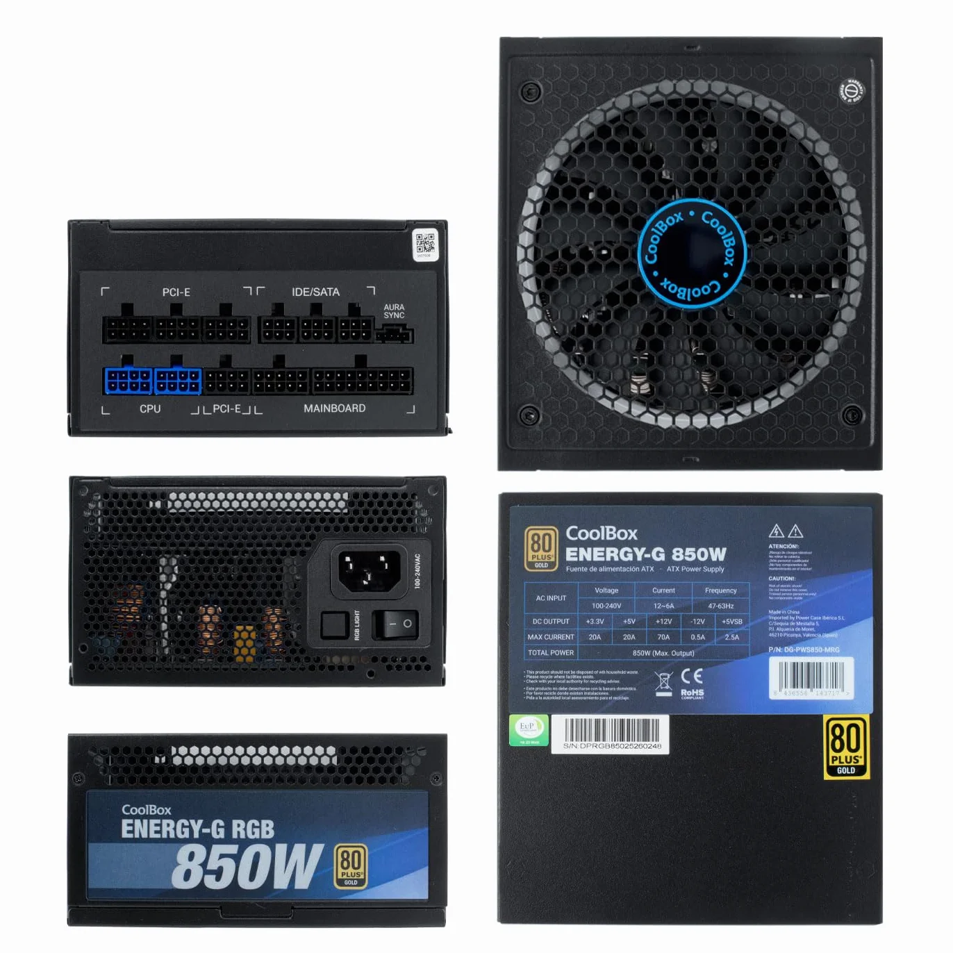 Deep Gaming Energy-G – Bloc d'alimentation PC 850 W, 80 Plus Gold, Full Modulaire, éclairage ARGB, ATX 12 V, Compatible avec Nvidia RTX série 30. Couleur : Noir.