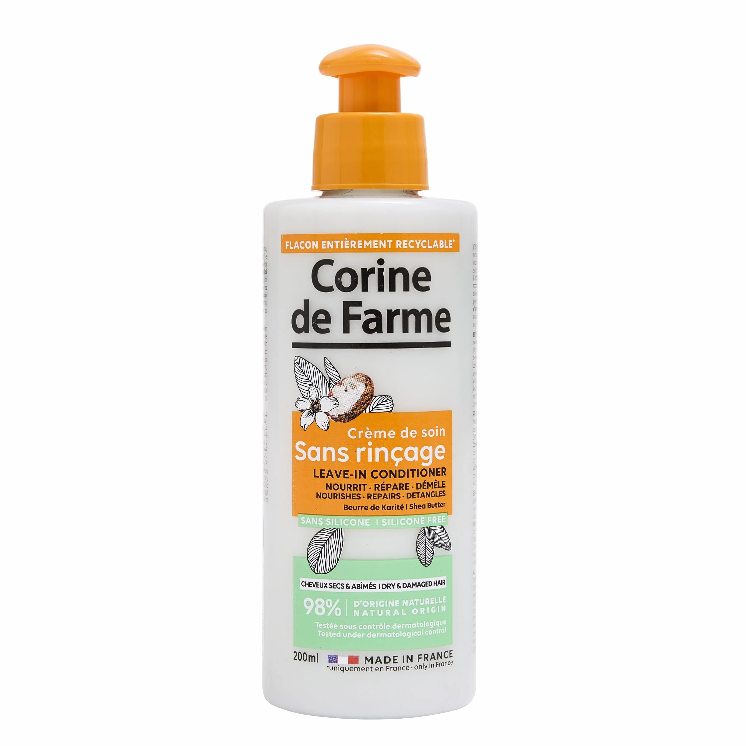 Corine de Farme Crème de Soin Sans Rinçage au Beurre de Karité Cheveux Secs et Abîmés 200 ml