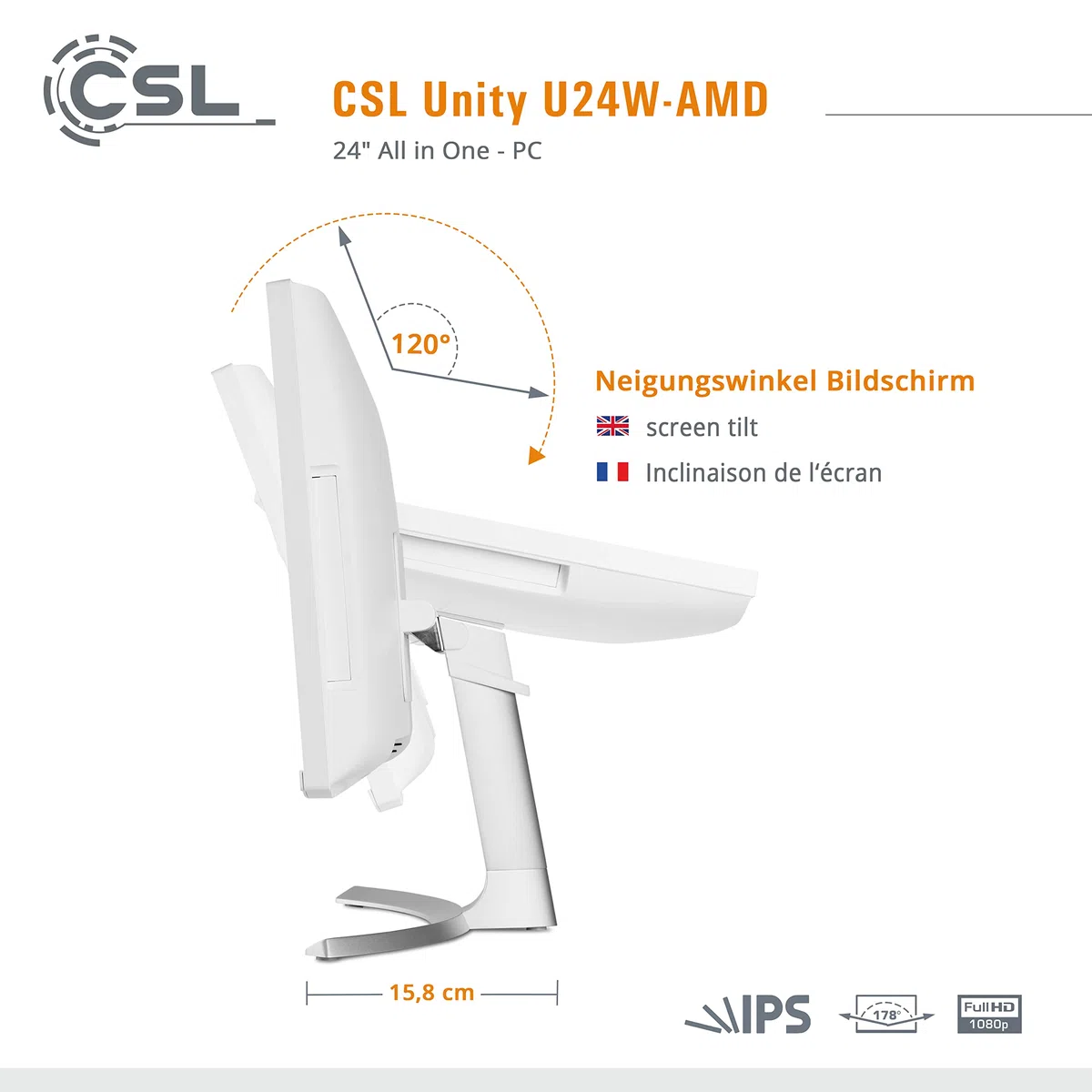 PC Tout-en-Un CSL Unity U24W-AMD, 60,5 cm (23,8 Pouces, 1920x1080 Full HD) - AIO Puissant (AMD Ryzen 7 5700G CPU 8x3800 MHz, 2000 Go SSD, 32 Go DDR4-RAM, Windows 11 Pro), Blanc