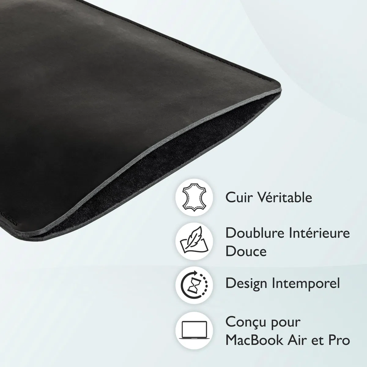 Housse en Cuir pour MacBook Air 13 Pouces (2018, 2019, 2020 - Intel, M1 / 2022, 2024, 2025 - M2, M3, M4) et pour MacBook Pro 13" (2016, 2017, 2018, 2019, 2020 - Intel, M1 / 2022 - M2) (Noir)