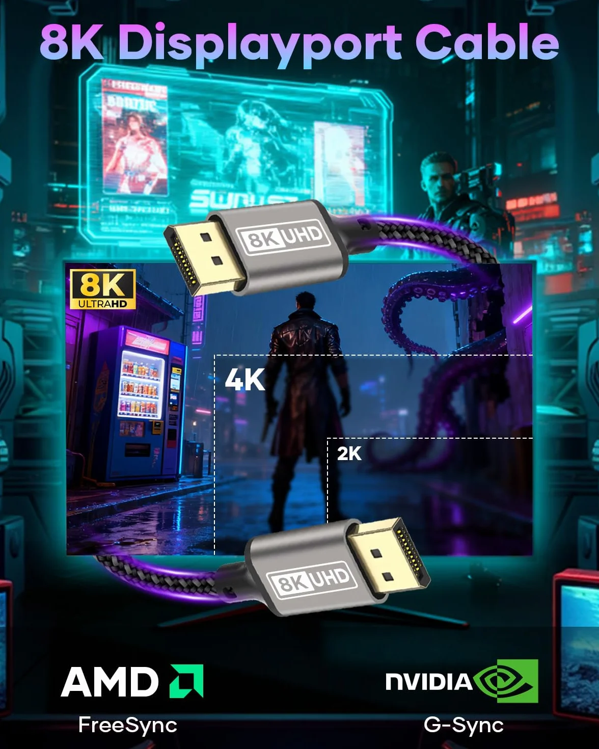 Câble DisplayPort 1.4 8K@60Hz 4K@144Hz 2K@240Hz 32,4Gbps HDCP2.2 HDR FreeSync G-Sync 1M